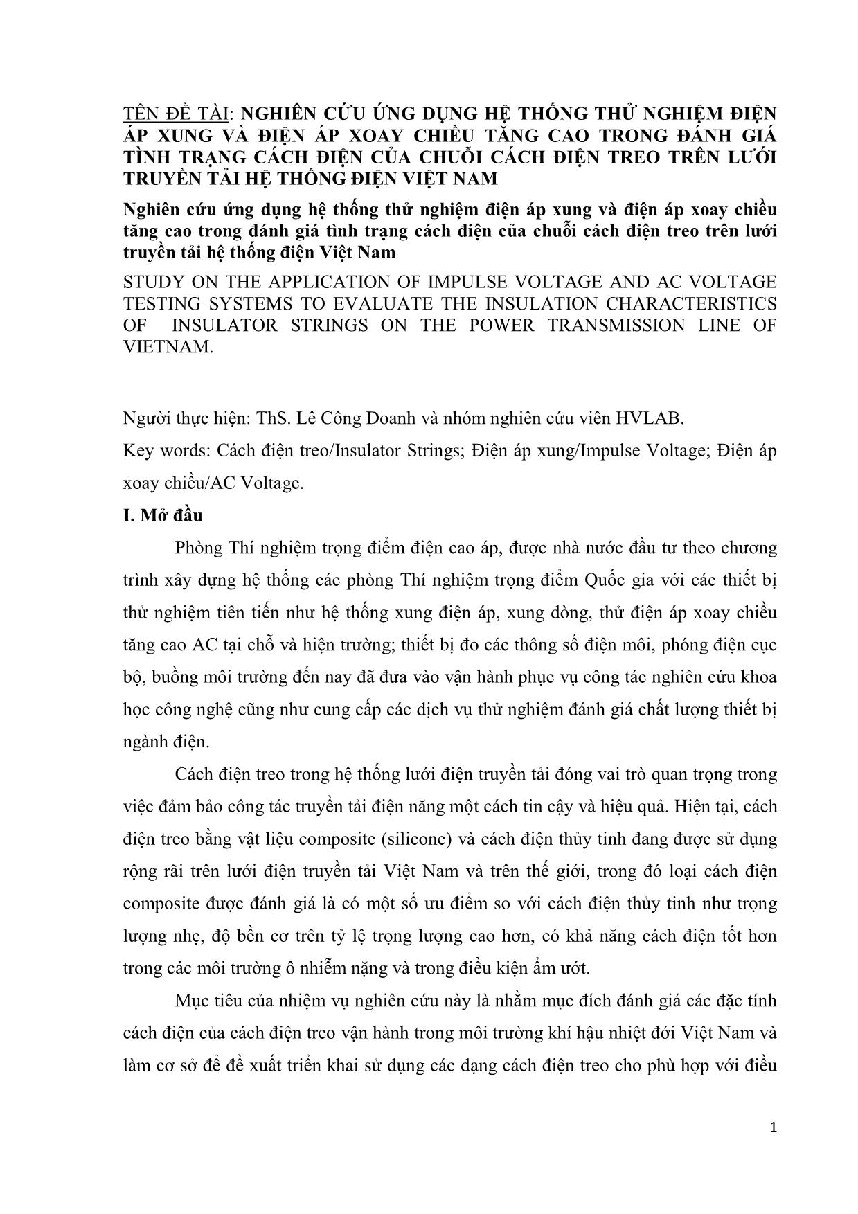 Nghiên cứu ứng dụng hệ thống thử nghiệm điện áp xung và điện áp xoay chiều tăng cao trong đánh giá tình trạng cách điện của chuỗi cách điện treo trên lưới truyền tải hệ thống điện Việt Nam trang 1