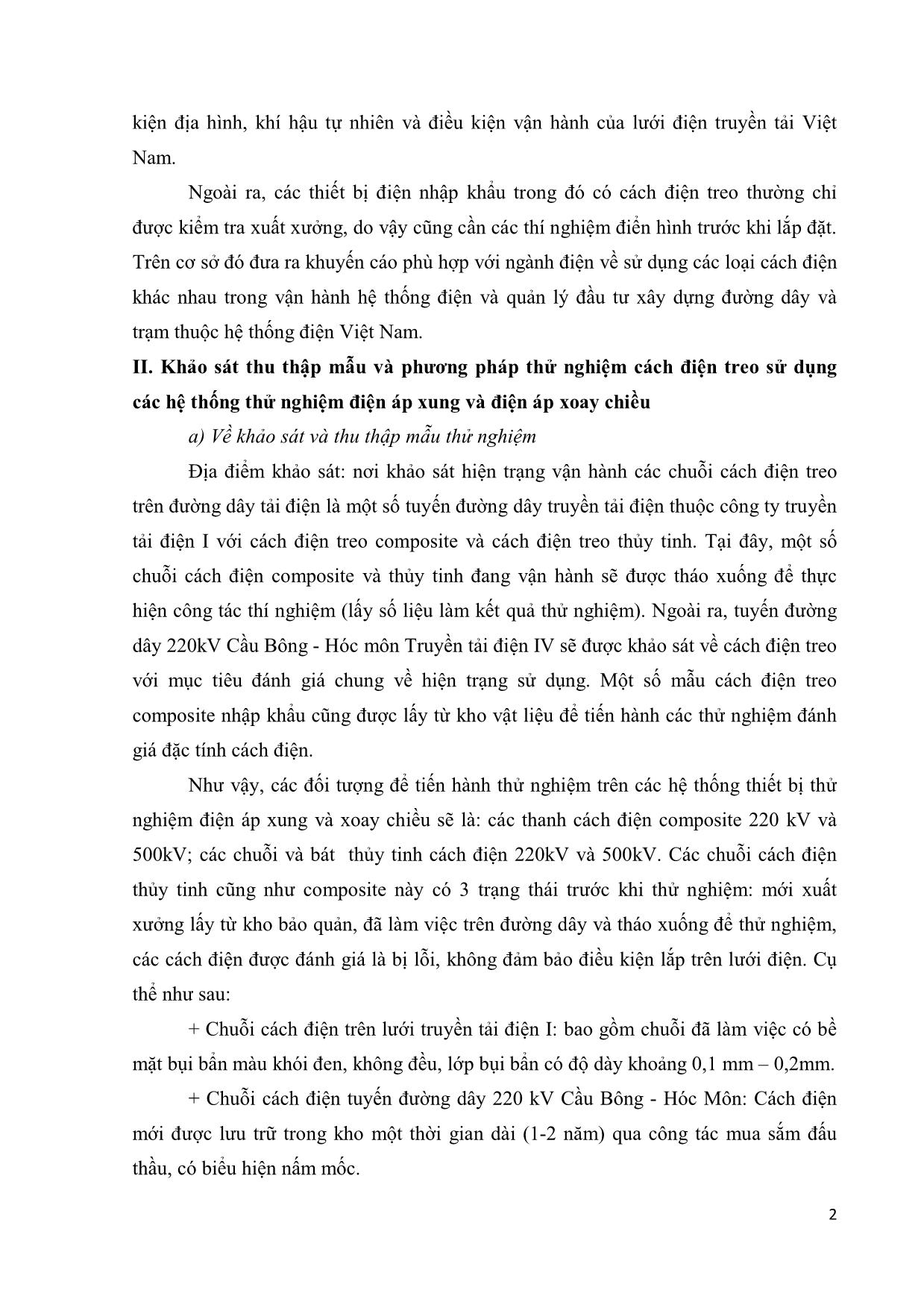 Nghiên cứu ứng dụng hệ thống thử nghiệm điện áp xung và điện áp xoay chiều tăng cao trong đánh giá tình trạng cách điện của chuỗi cách điện treo trên lưới truyền tải hệ thống điện Việt Nam trang 2