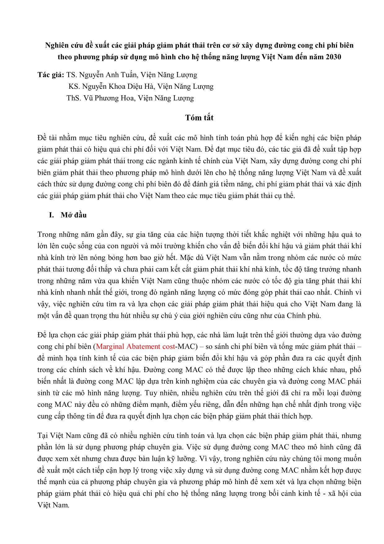 Nghiên cứu đề xuất các giải pháp giảm phát thải trên cơ sở xây dựng đường cong chi phí biên theo phương pháp sử dụng mô hình cho hệ thống năng lượng Việt Nam đến năm 2030 trang 1
