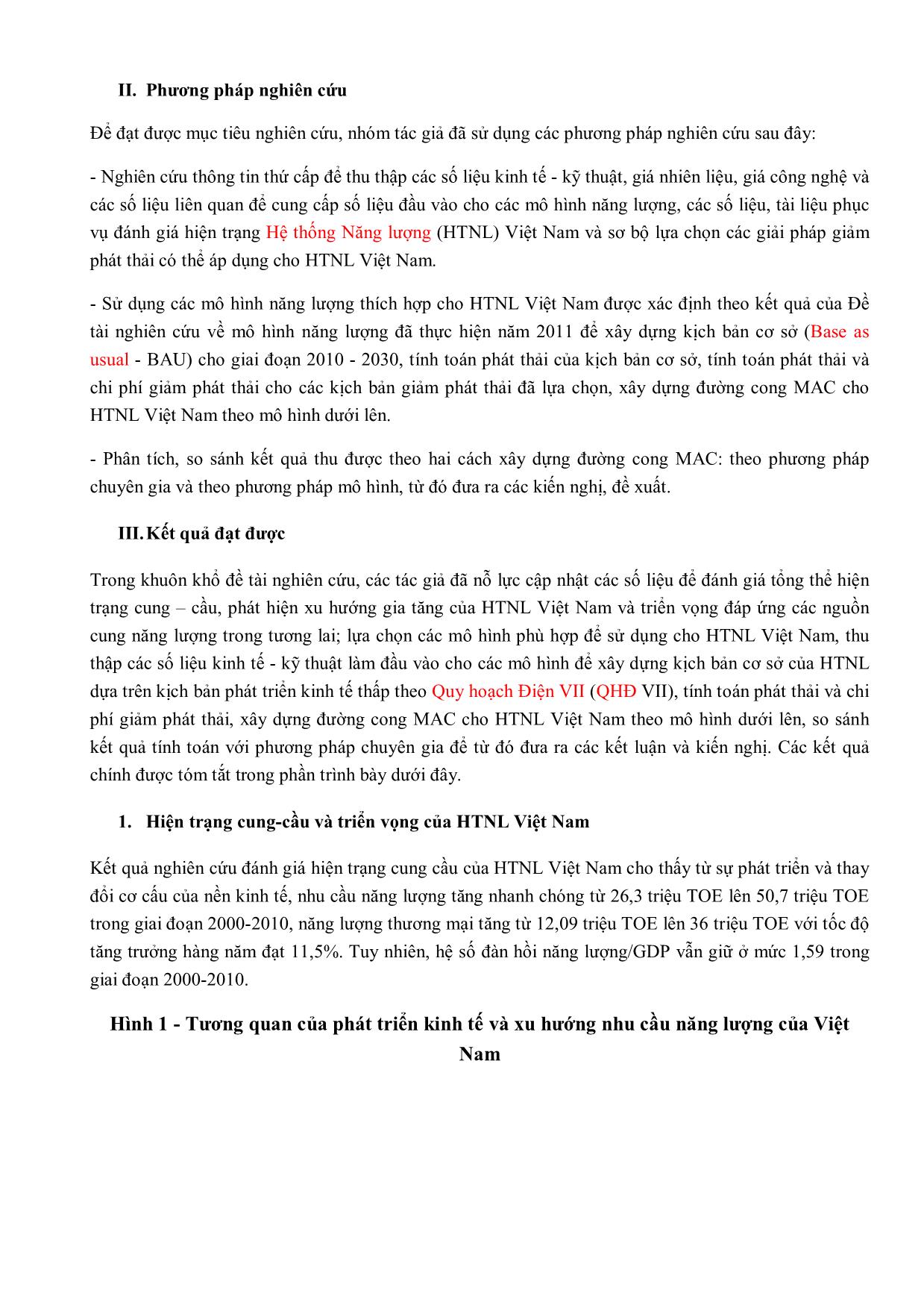Nghiên cứu đề xuất các giải pháp giảm phát thải trên cơ sở xây dựng đường cong chi phí biên theo phương pháp sử dụng mô hình cho hệ thống năng lượng Việt Nam đến năm 2030 trang 2