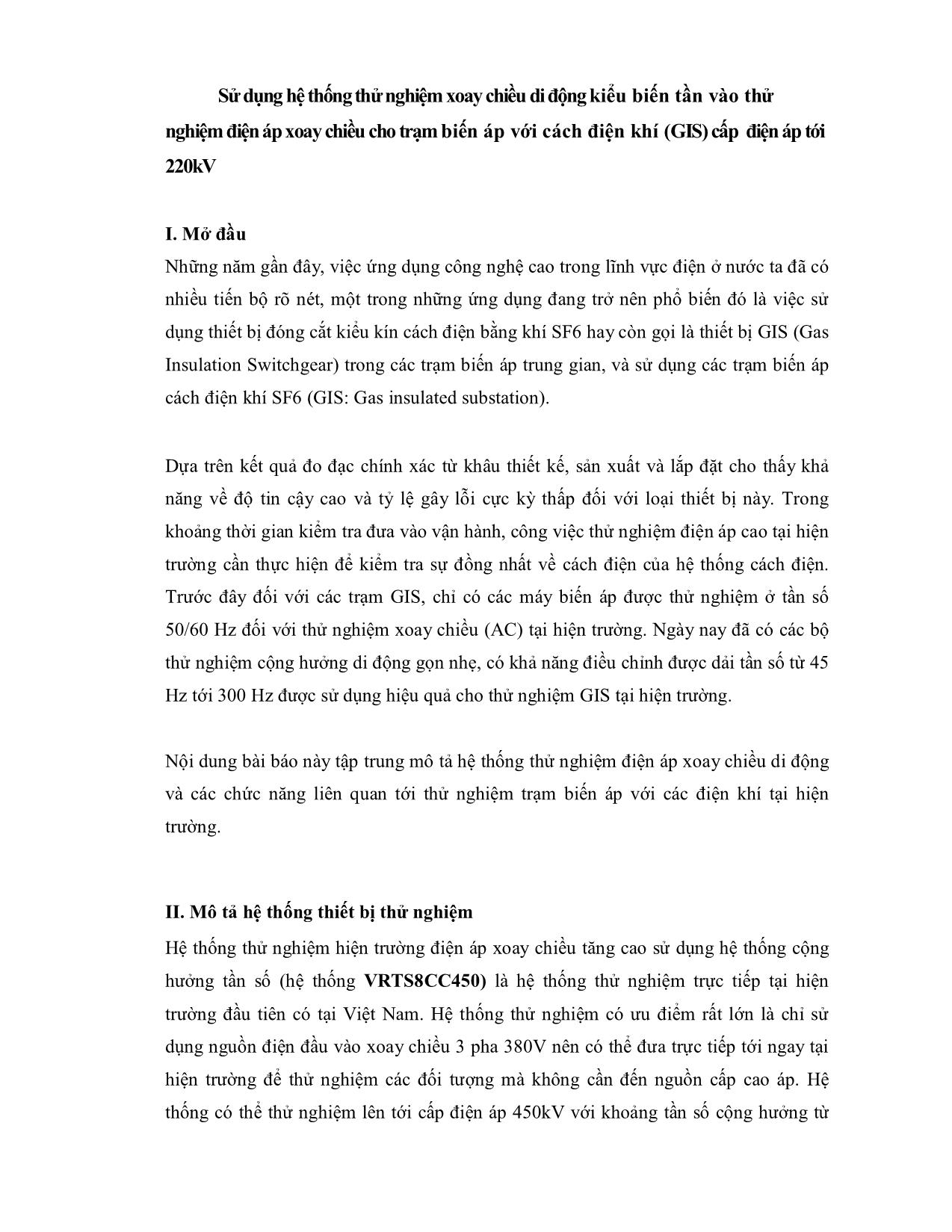 Sử dụng hệ thống thử nghiệm xoay chiều di động kiểu biến tần vào thử nghiệm điện áp xoay chiều cho trạm biến áp với cách điện khí (GIS) cấp điện áp tới 220kV trang 1