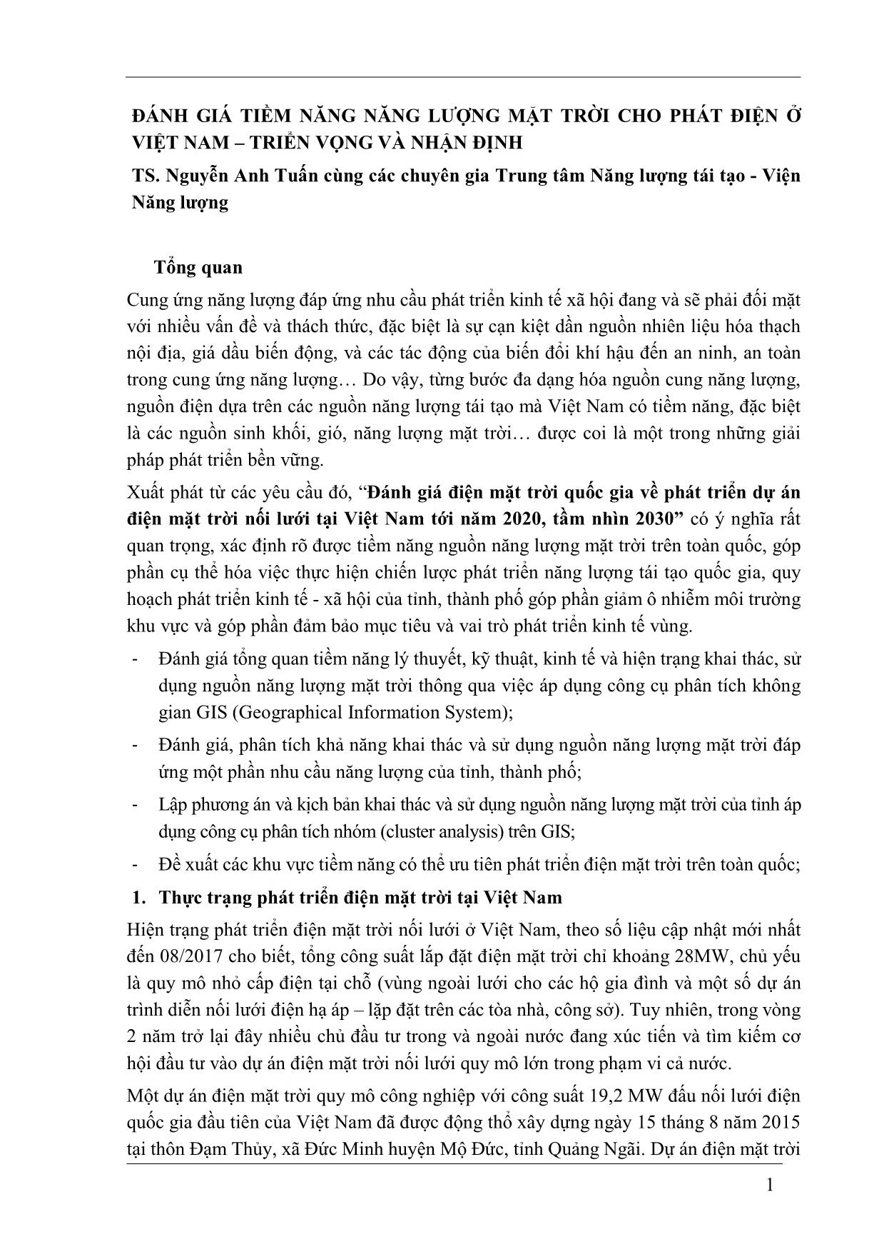 Đánh giá tiềm năng năng lượng mặt trời cho phát điện ở Việt Nam – triển vọng và nhận định trang 1