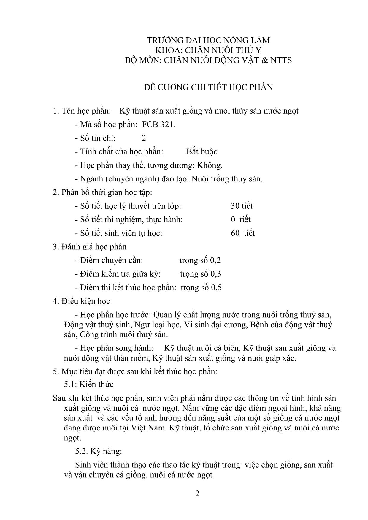 Đề cương chi tiết học phần Kỹ thuật sản xuất giống và nuôi thủy sản nước ngọt trang 2