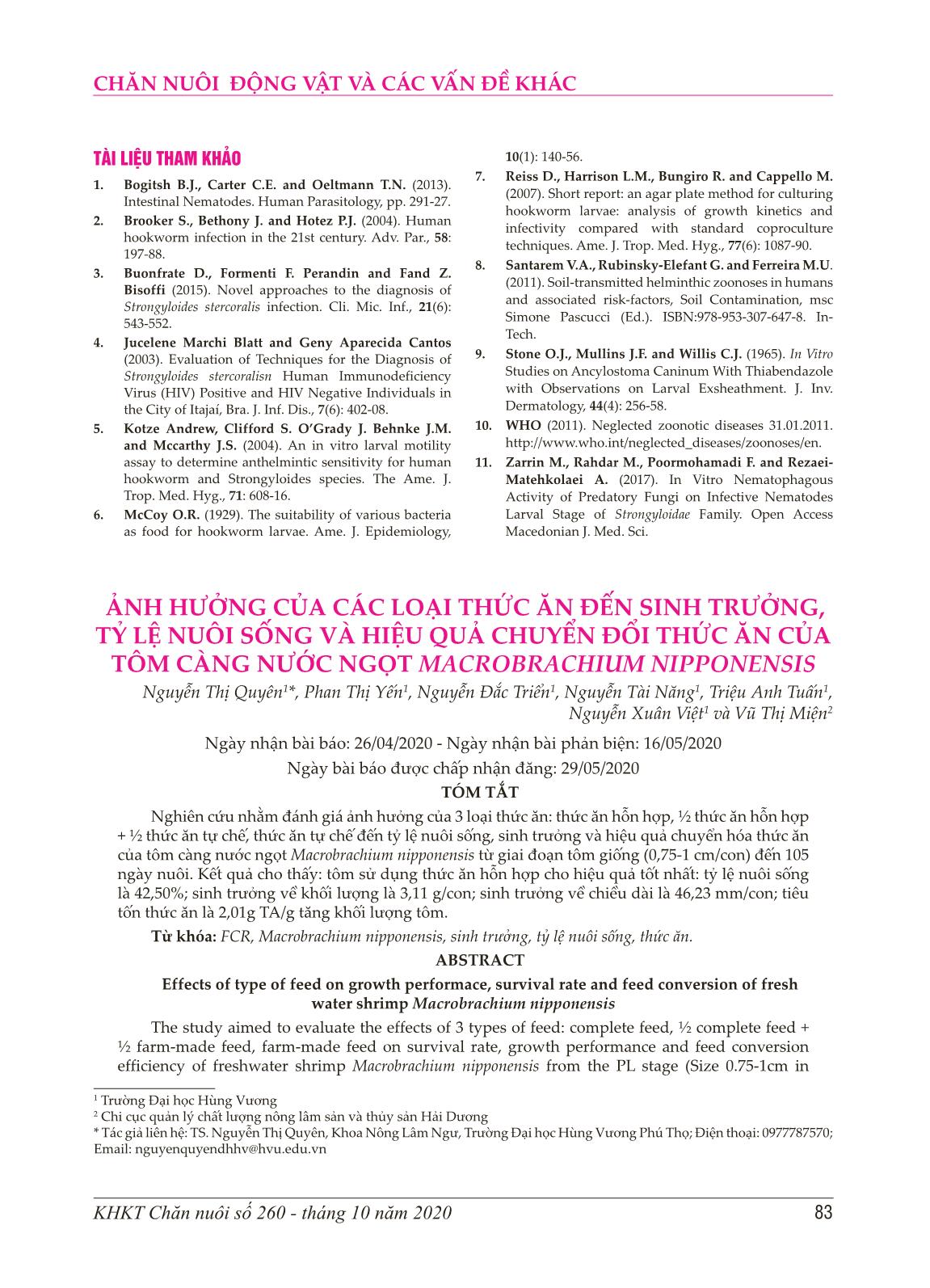 Ảnh hưởng của các loại thức ăn đến sinh trưởng, tỷ lệ nuôi sống và hiệu quả chuyển đổi thức ăn của tôm càng nước ngọt Macrobrachium nipponensis trang 1