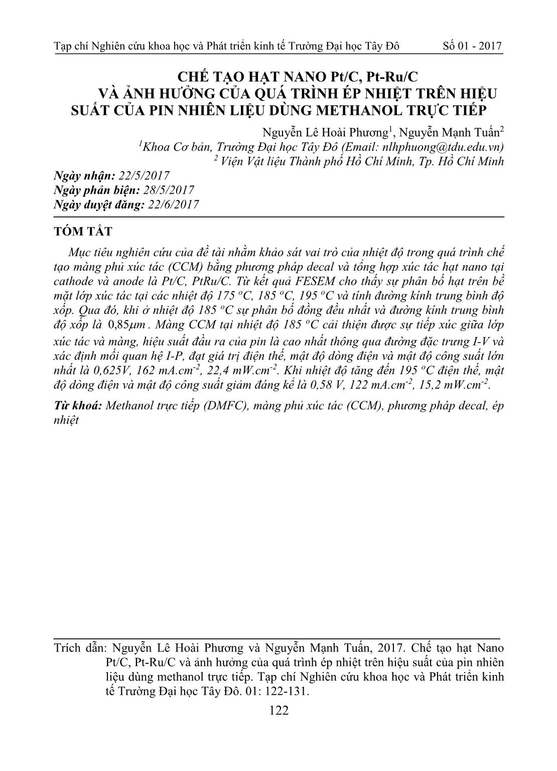 Chế tạo hạt nano Pt/C, Pt-Ru/C và ảnh hưởng của quá trình ép nhiệt trên hiệu suất của pin nhiên liệu dùng methanol trực tiếp trang 1