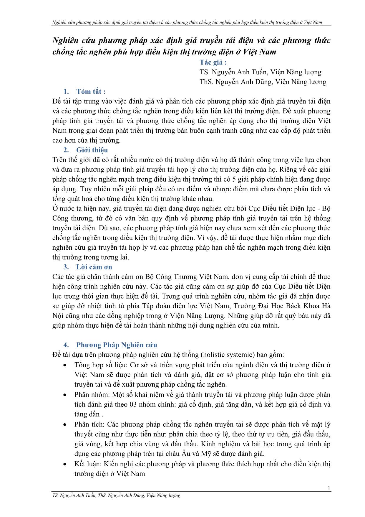 Nghiên cứu phương pháp xác định giá truyền tải điện và các phương thức chống tắc nghẽn phù hợp điều kiện thị trường điện ở Việt Nam trang 1
