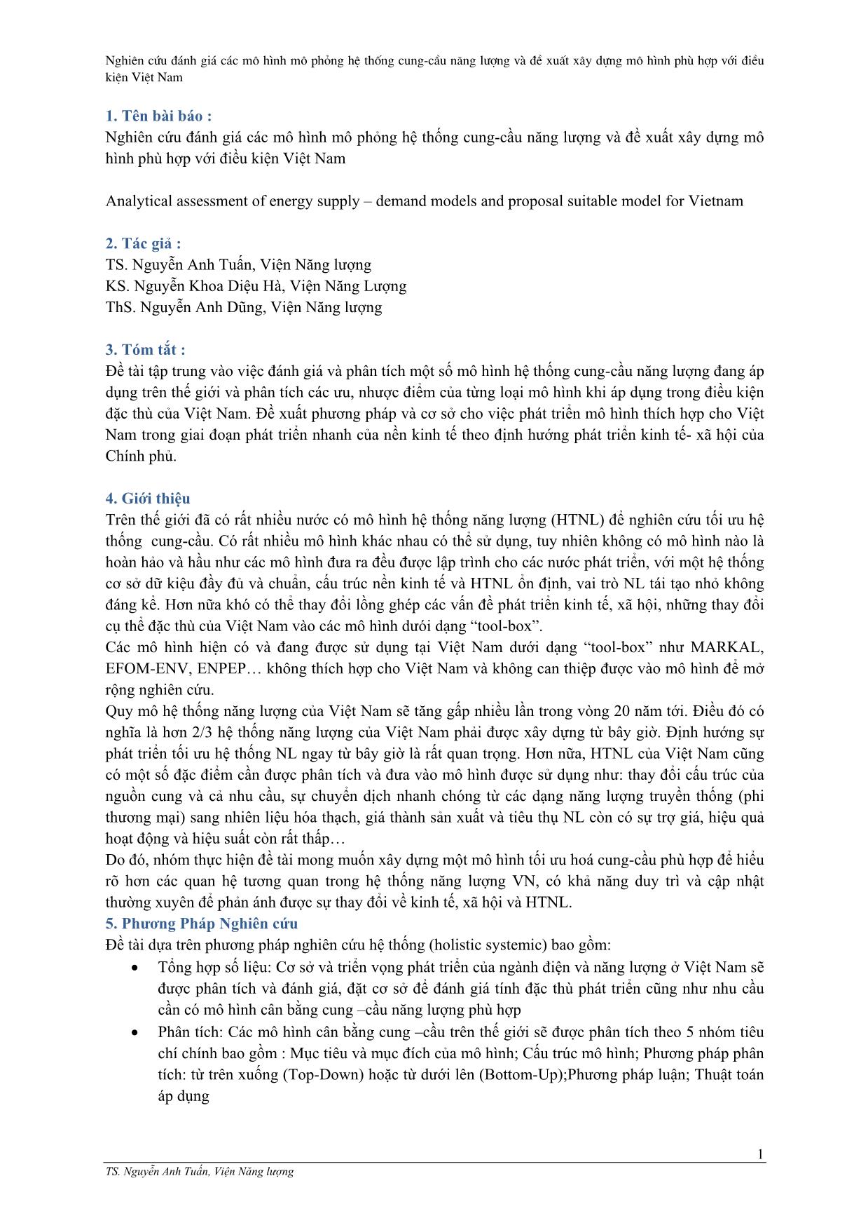 Nghiên cứu đánh giá các mô hình mô phỏng hệ thống cung - cầu năng lượng và đề xuất xây dựng mô hình phù hợp với điều kiện Việt Nam trang 1