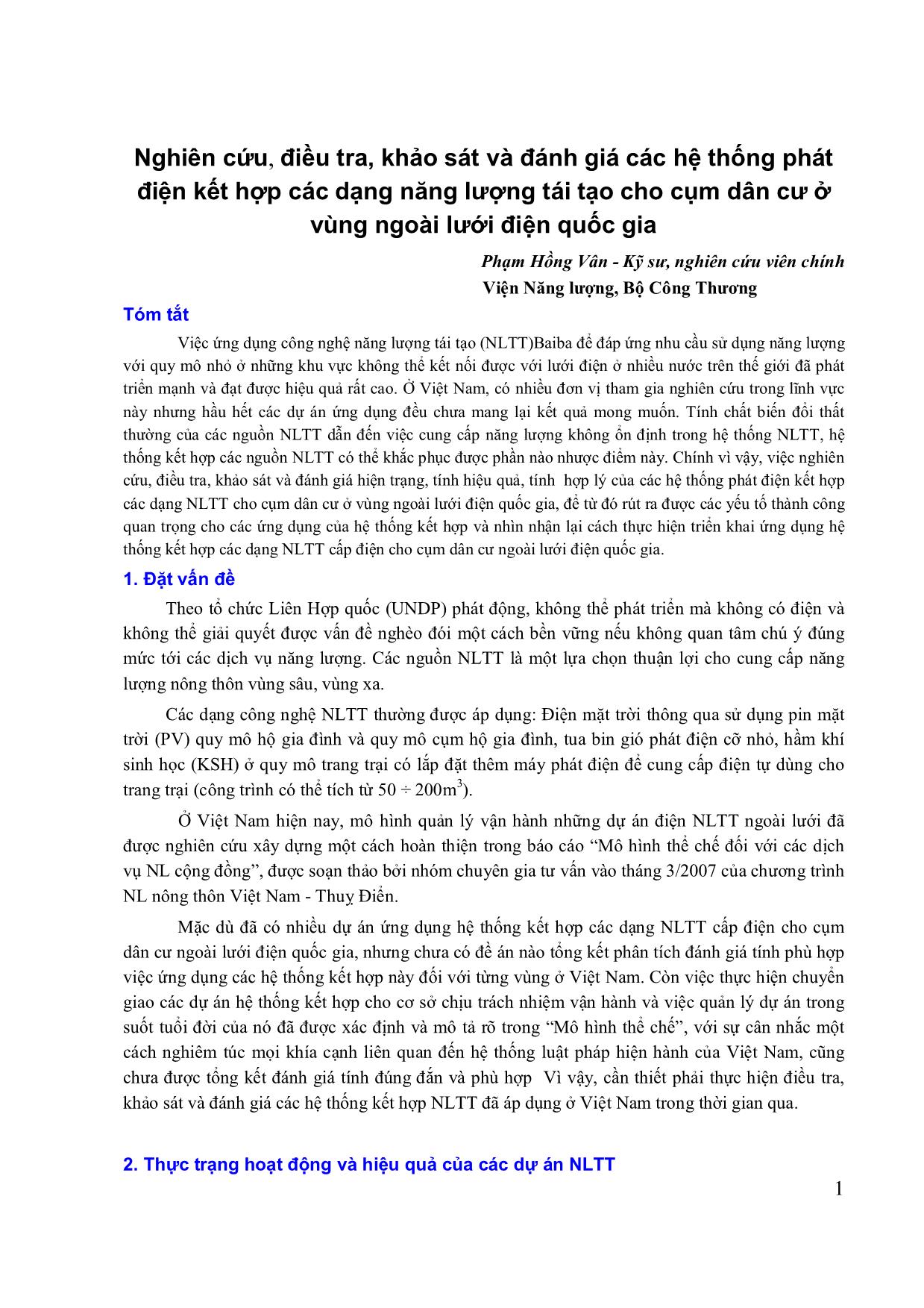 Nghiên cứu, điều tra, khảo sát và đánh giá các hệ thống phát điện kết hợp các dạng năng lượng tái tạo cho cụm dân cư ở vùng ngoài lưới điện quốc gia trang 1