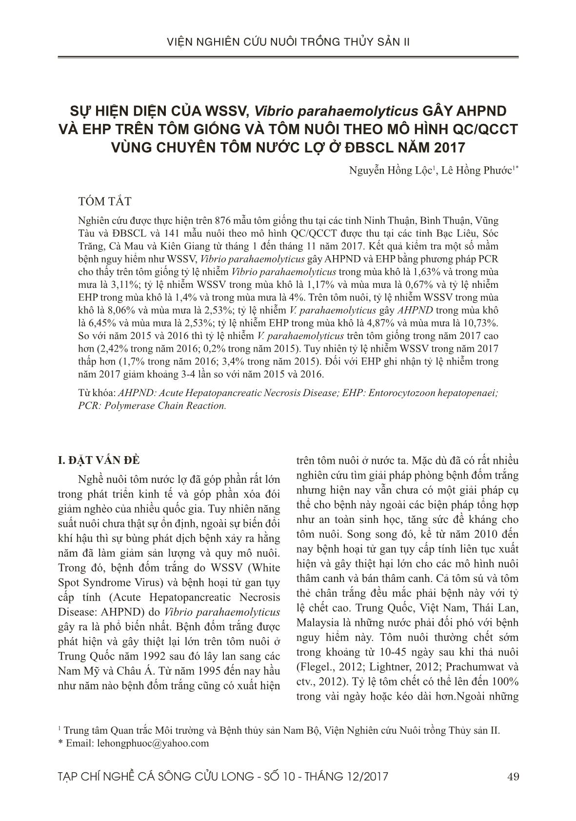 Sự hiện diện của WSSV, Vibrio parahaemolyticus gây AHPND và EHP trên tôm giống và tôm nuôi theo mô hình QC/QCCT vùng chuyên tôm nước lợ ở đồng bằng sông Cửu Long năm 2017 trang 1