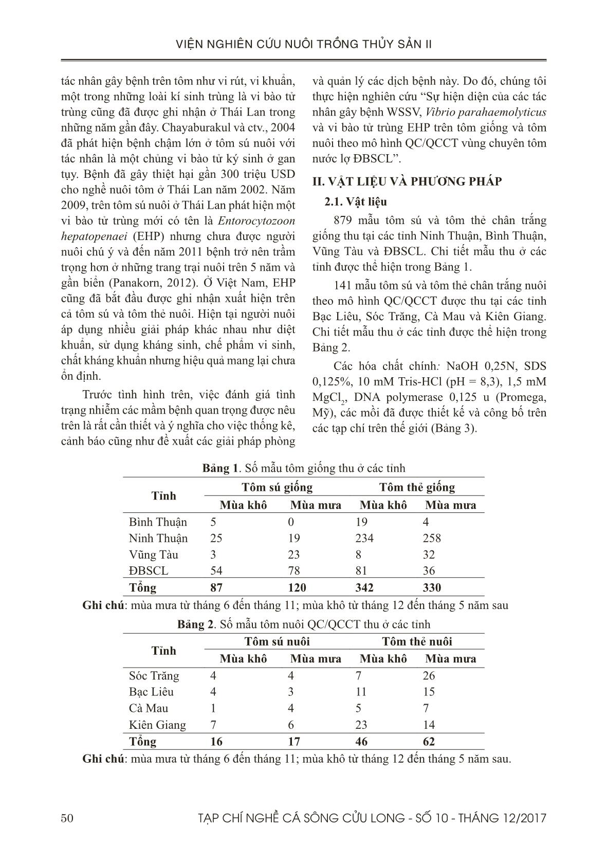 Sự hiện diện của WSSV, Vibrio parahaemolyticus gây AHPND và EHP trên tôm giống và tôm nuôi theo mô hình QC/QCCT vùng chuyên tôm nước lợ ở đồng bằng sông Cửu Long năm 2017 trang 2