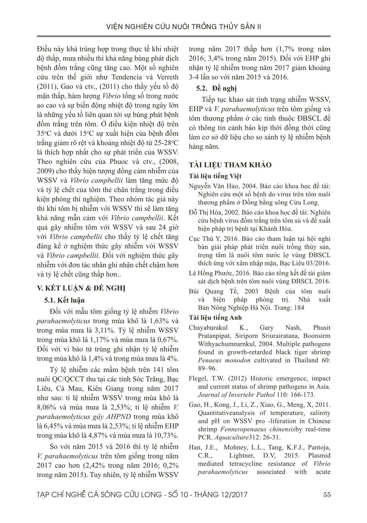 Sự hiện diện của WSSV, Vibrio parahaemolyticus gây AHPND và EHP trên tôm giống và tôm nuôi theo mô hình QC/QCCT vùng chuyên tôm nước lợ ở đồng bằng sông Cửu Long năm 2017 trang 7