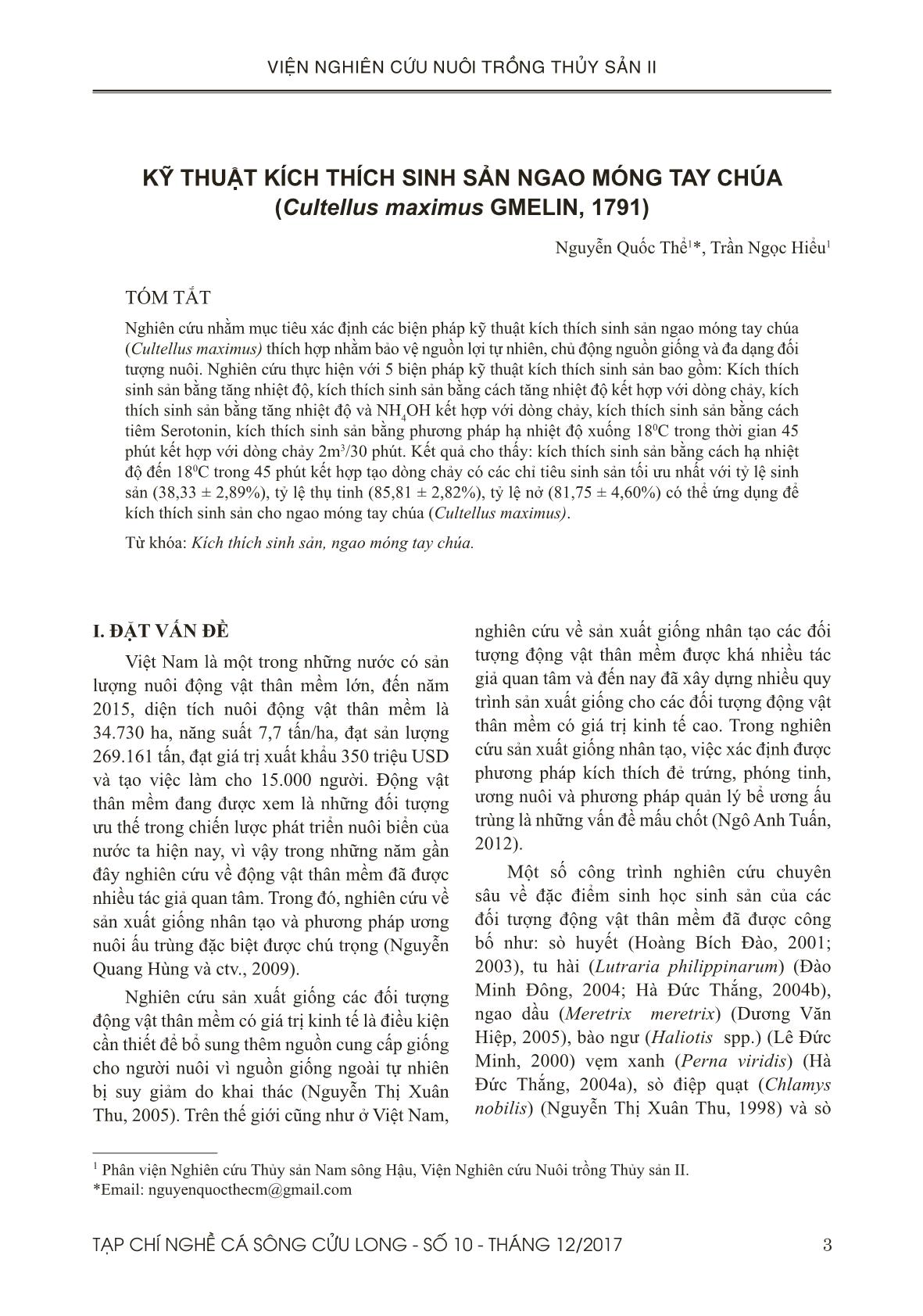 Kỹ thuật kích thích sinh sản ngao móng tay chúa (Cultellus maximus GMELIN, 1791) trang 1