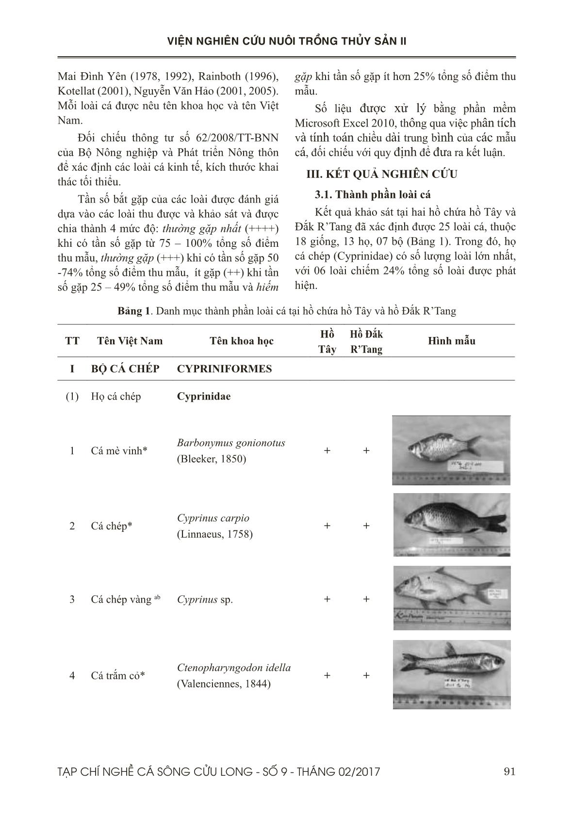 Nghiên cứu thành phần loài cá ở 2 hồ chứa: Hồ Tây và hồ Đắk R’tang thuộc tỉnh Đắk Nông trang 3