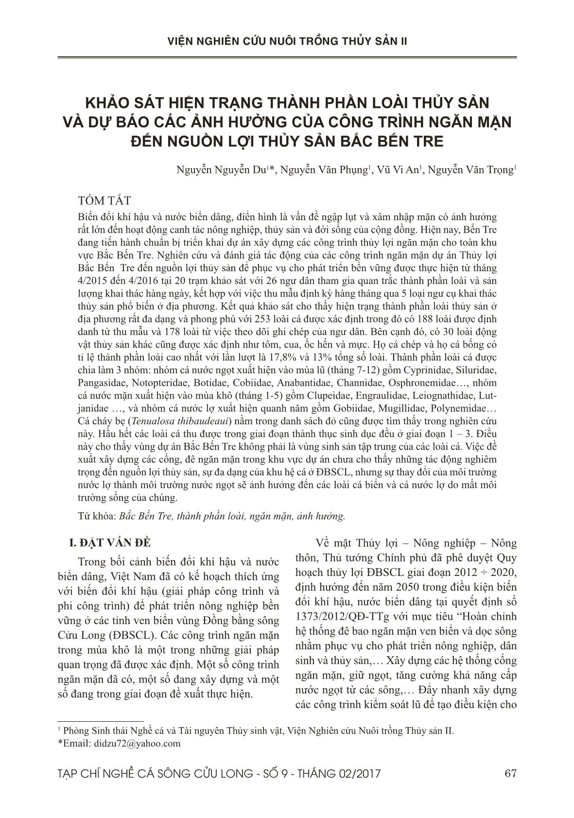 Khảo sát hiện trạng thành phần loài thủy sản và dự báo các ảnh hưởng của công trình ngăn mặn đến nguồn lợi thủy sản bắc Bến Tre trang 1