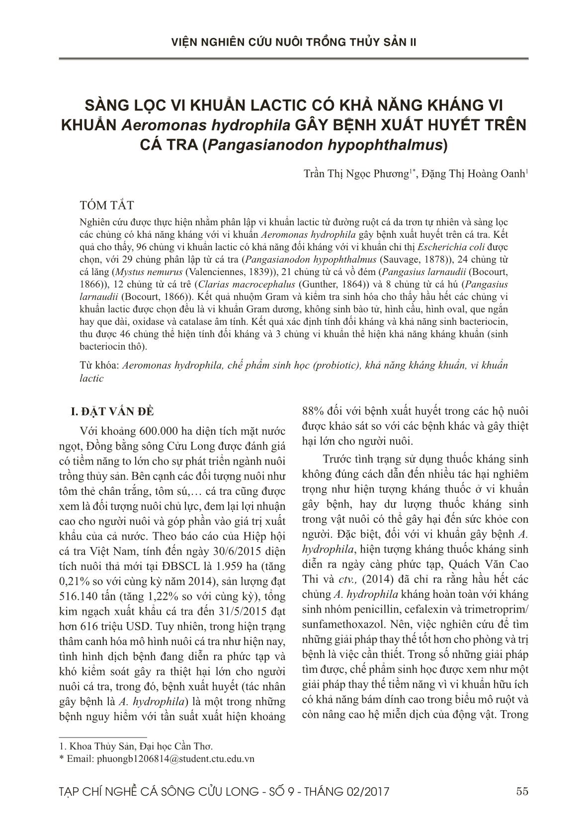 Sàng lọc vi khuẩn lactic có khả năng kháng vi khuẩn Aeromonas hydrophila gây bệnh xuất huyết trên cá tra (Pangasianodon hypophthalmus) trang 1