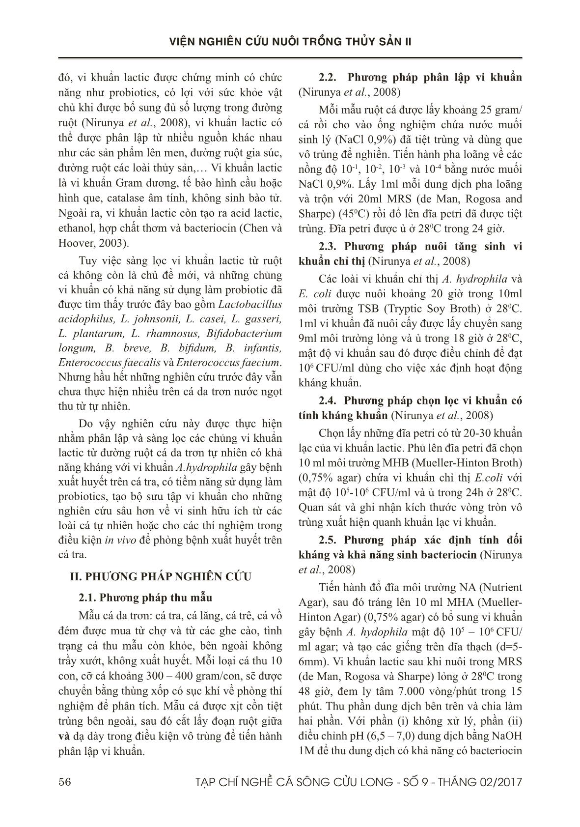 Sàng lọc vi khuẩn lactic có khả năng kháng vi khuẩn Aeromonas hydrophila gây bệnh xuất huyết trên cá tra (Pangasianodon hypophthalmus) trang 2