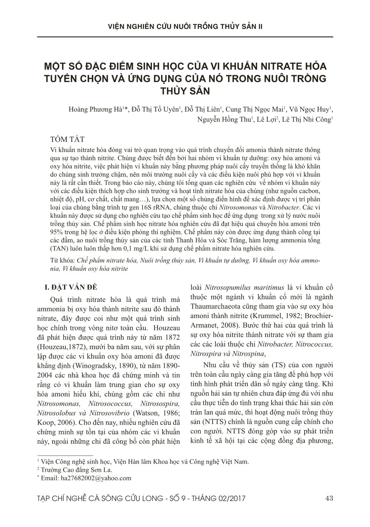 Một số đặc điểm sinh học của vi khuẩn nitrate hóa tuyển chọn và ứng dụng của nó trong nuôi trồng thủy sản trang 1