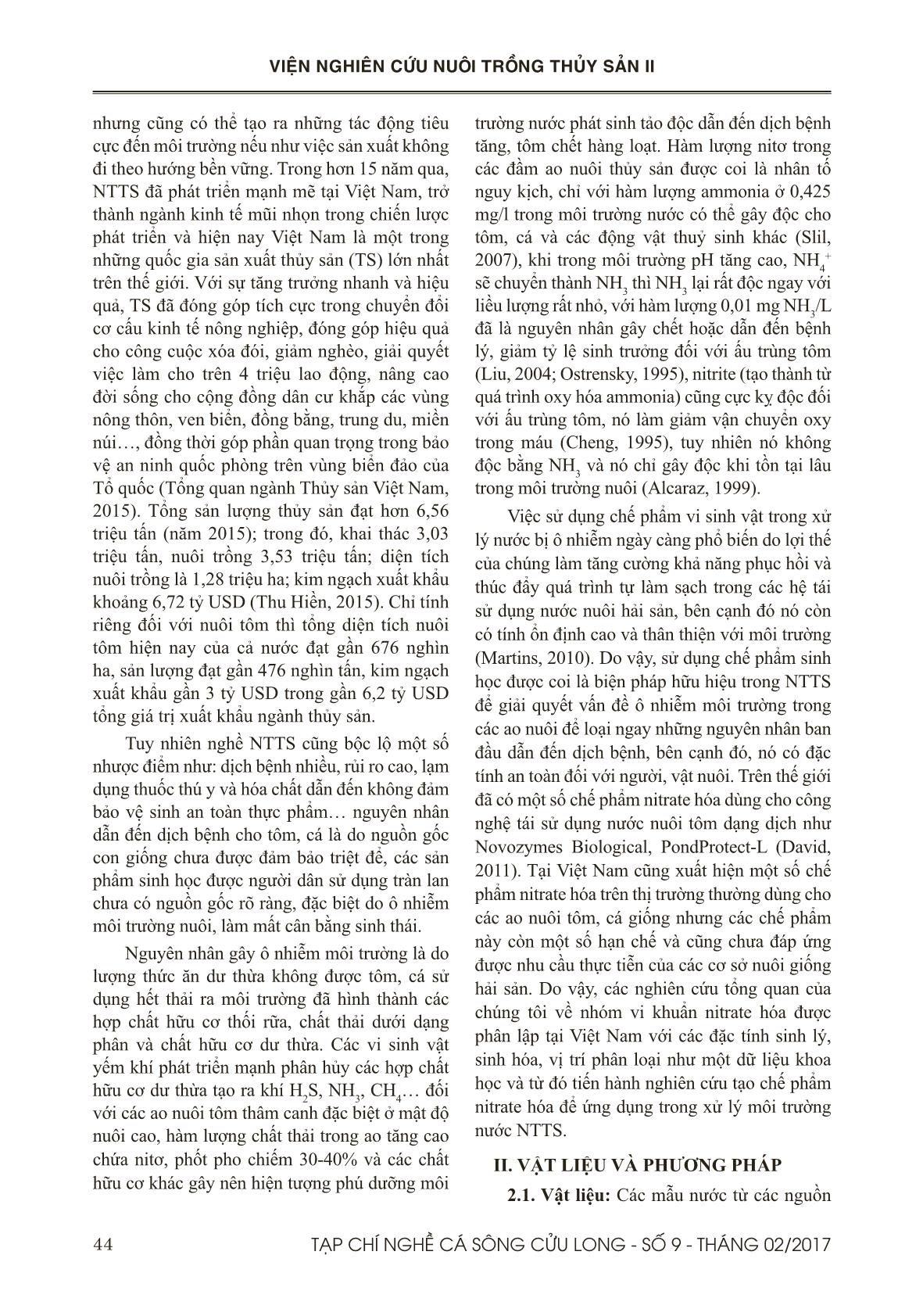 Một số đặc điểm sinh học của vi khuẩn nitrate hóa tuyển chọn và ứng dụng của nó trong nuôi trồng thủy sản trang 2