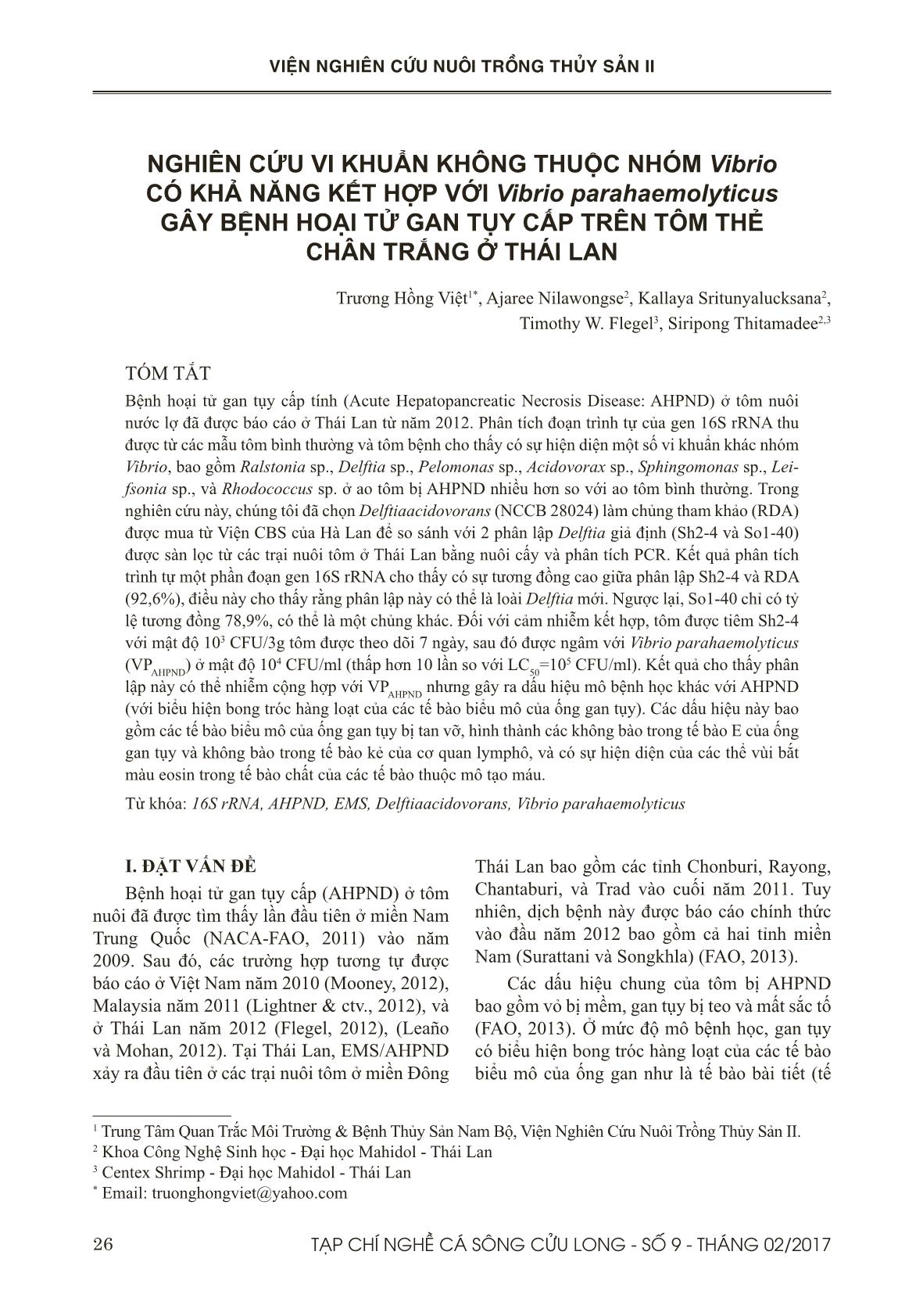 Nghiên cứu vi khuẩn không thuộc nhóm Vibrio có khả năng kết hợp với Vibrio parahaemolyticus gây bệnh hoại tử gan tụy cấp trên tôm thẻ chân trắng ở Thái Lan trang 1
