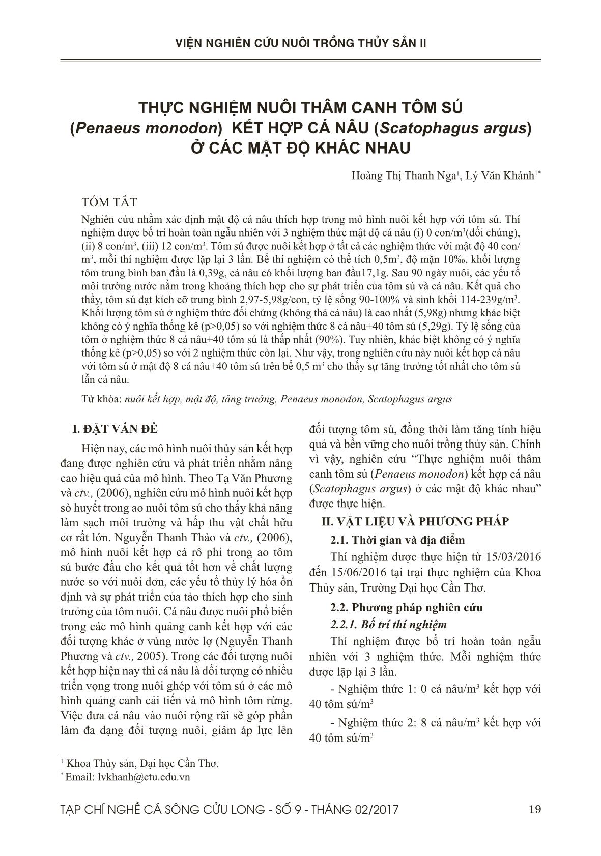 Thực nghiệm nuôi thâm canh tôm sú (Penaeus monodon) kết hợp cá nâu (Scatophagus argus) ở các mật độ khác nhau trang 1