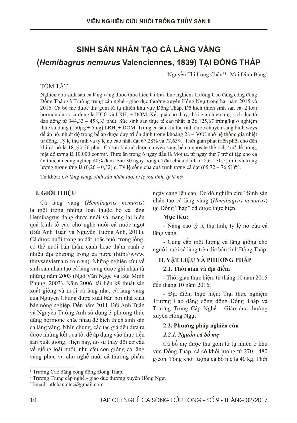 Sinh sản nhân tạo cá lăng vàng (Hemibagrus nemurus Valenciennes, 1839) tại Đồng Tháp trang 1