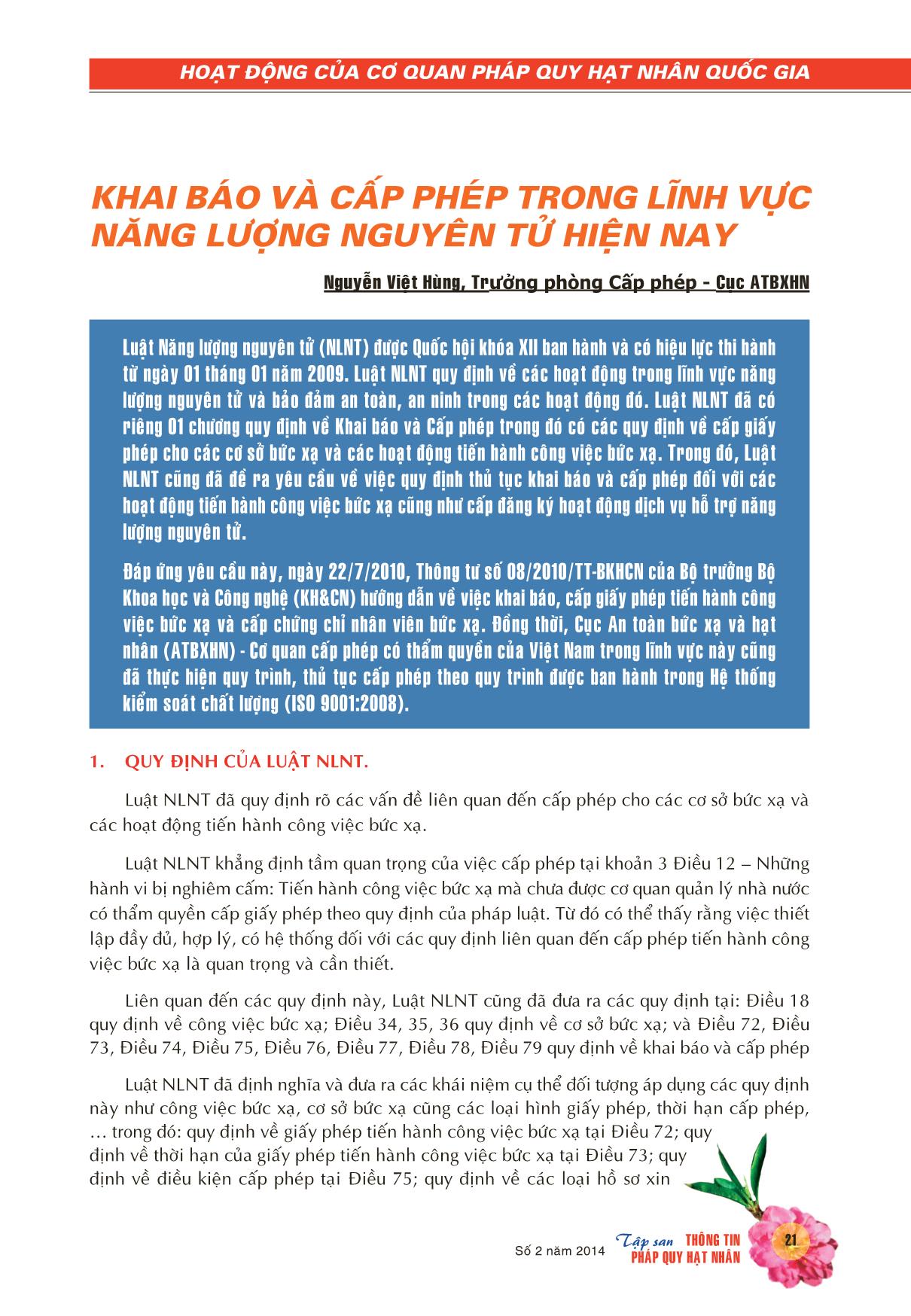 Khai báo và cấp phép trong lĩnh vực năng lượng nguyên tử hiện nay trang 1