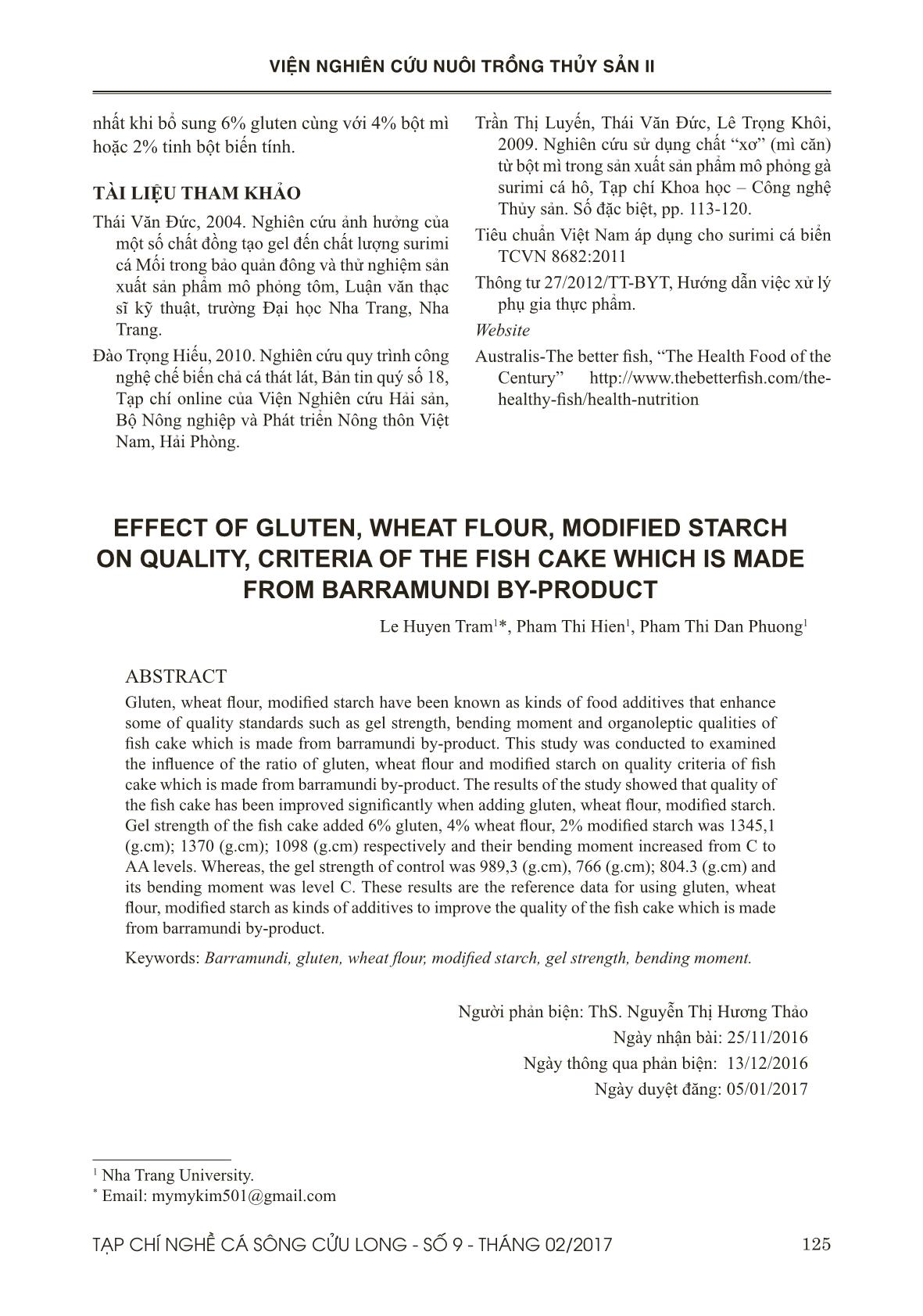 Ảnh hưởng của gluten, tinh bột biến tính, bột mì đến một số đặc tính của chả cá từ phụ phẩm cá chẽm trang 7