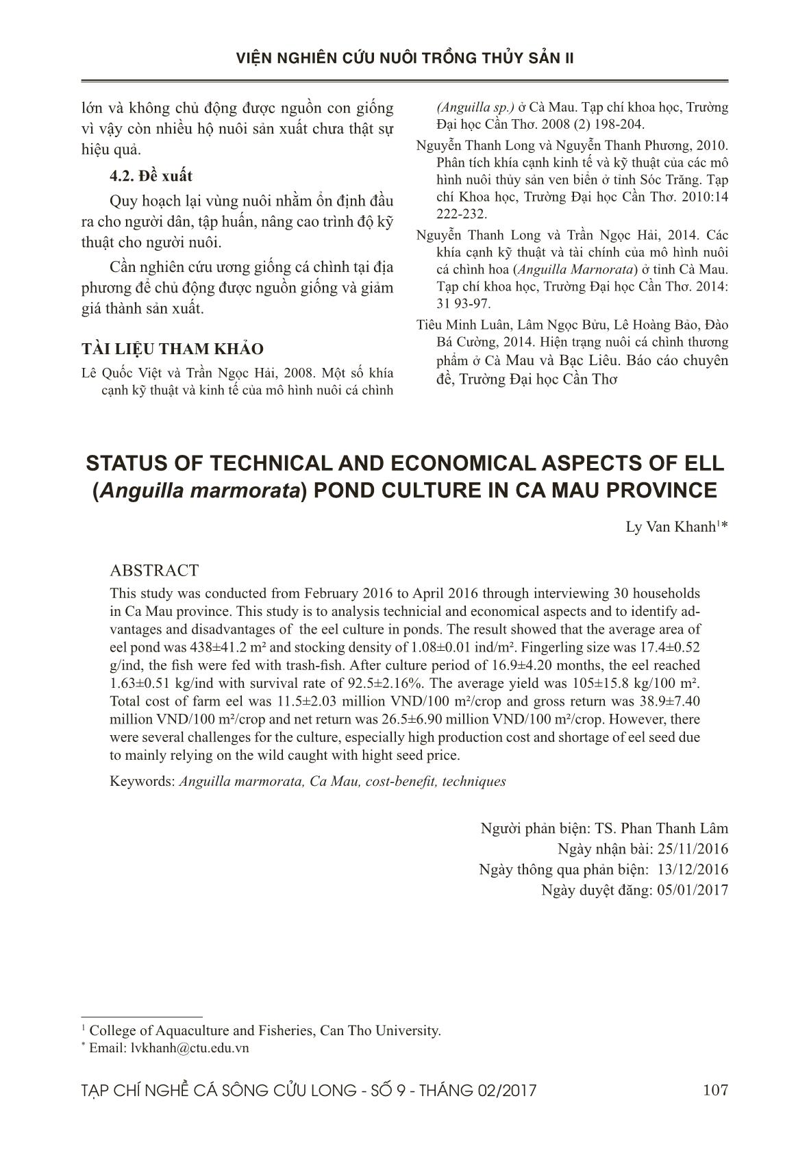 Hiện trạng kỹ thuật và tài chính của mô hình nuôi cá chình (Anguilla marmorata) ở tỉnh Cà Mau trang 8