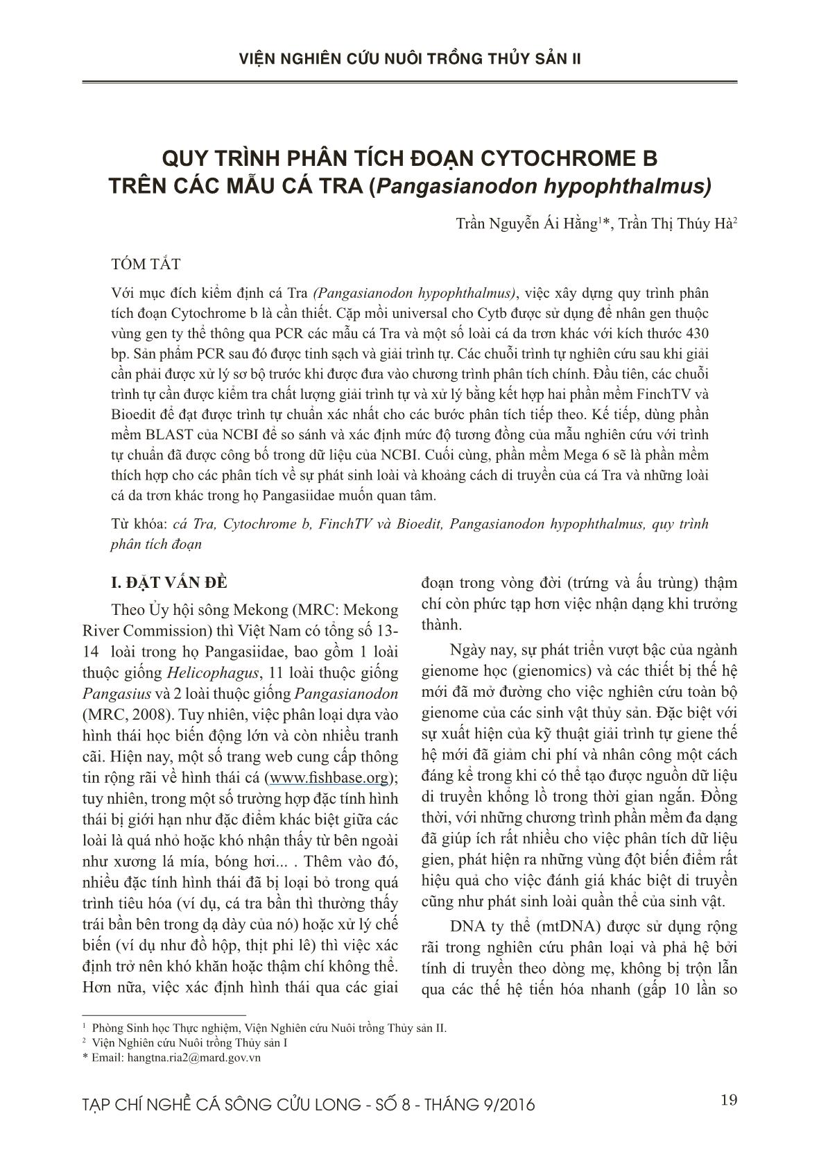 Quy trình phân tích đoạn cytochrome B trên các mẫu cá tra (Pangasianodon hypophthalmus) trang 1