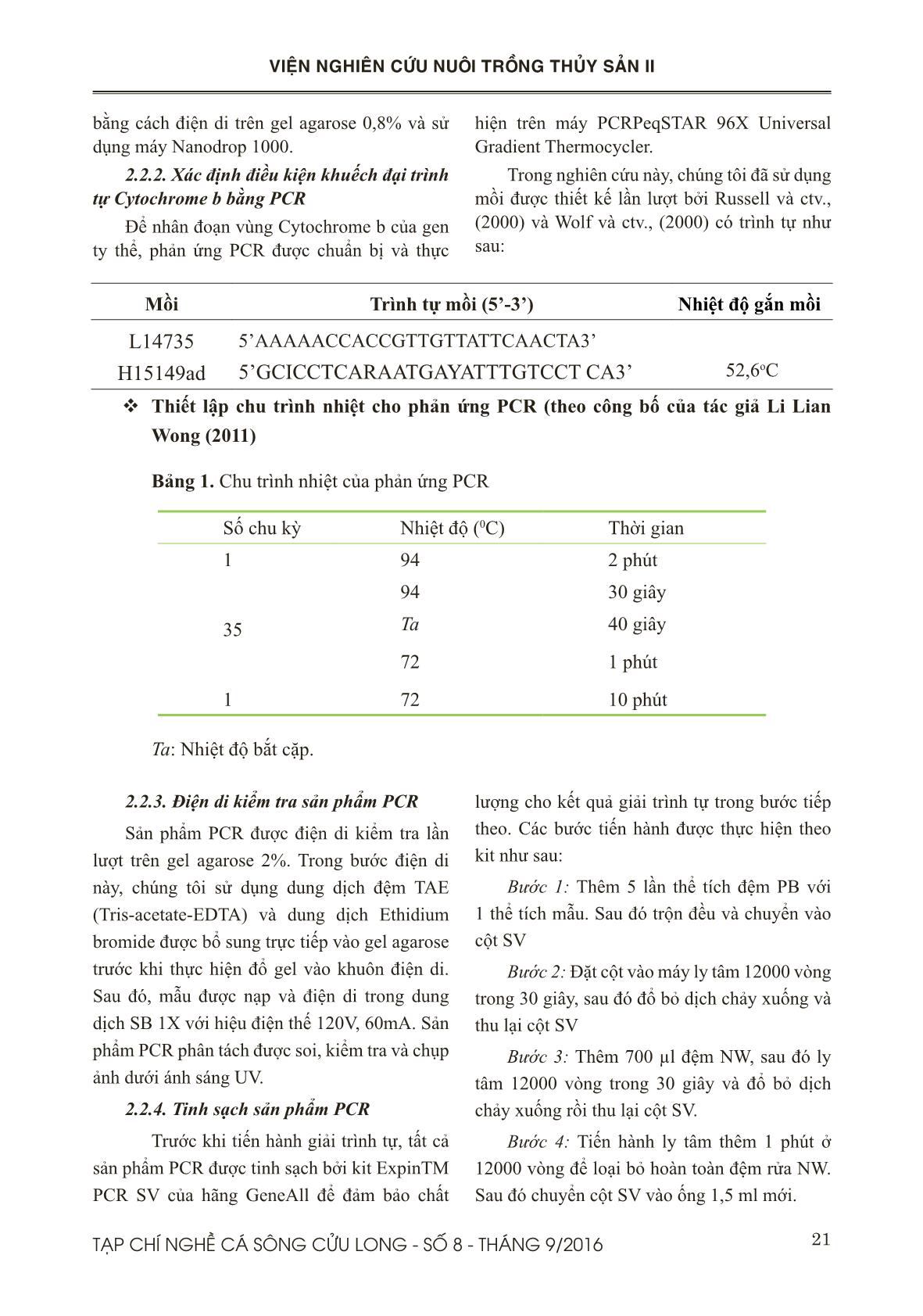 Quy trình phân tích đoạn cytochrome B trên các mẫu cá tra (Pangasianodon hypophthalmus) trang 3