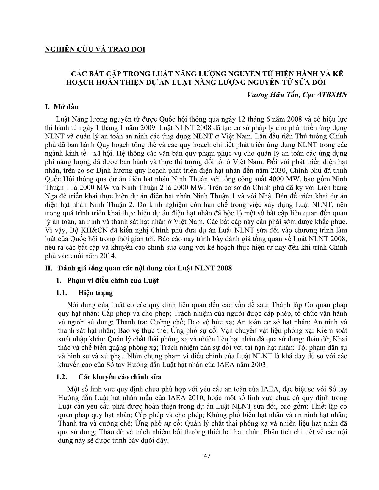 Các bất cập trong luật năng lượng nguyên tử hiện hành và kế hoạch hoàn thiện dự án luật năng lượng nguyên tử sửa đổi trang 1