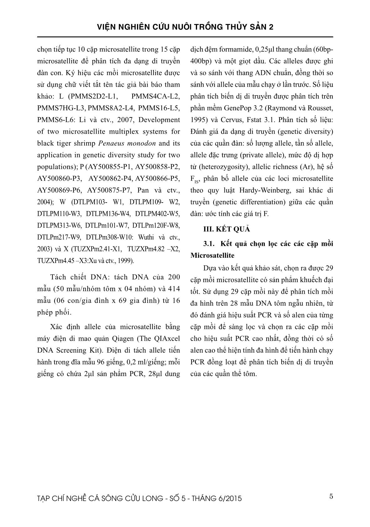 Đánh giá đa dạng di truyền các quần thể tôm sú bố mẹ (Penaeus monodon) và nguồn vật liệu ban đầu cho chương trình chọn giống theo tính trạng tăng trưởng trang 3