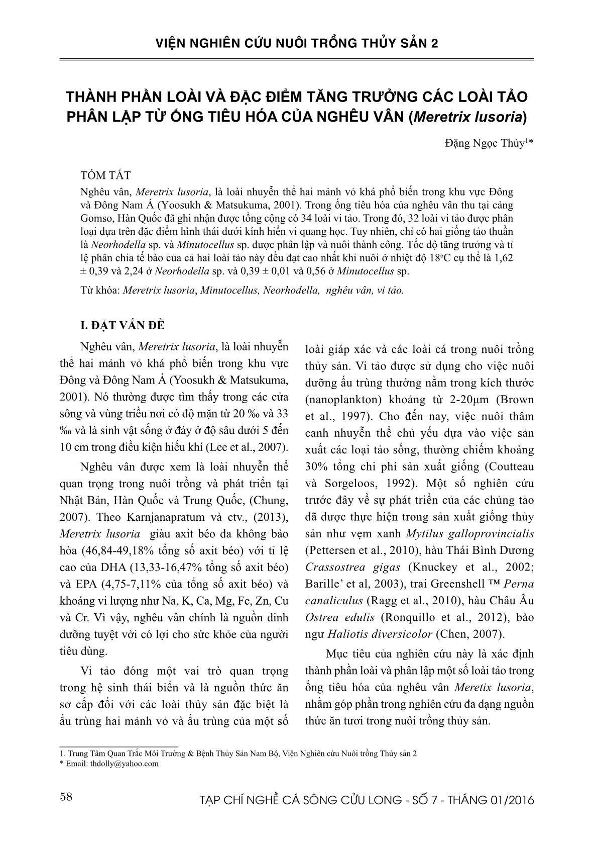 Thành phần loài và đặc điểm tăng trưởng các loài tảo phân lập từ ống tiêu hóa của nghêu vân (Meretrix lusoria) trang 1