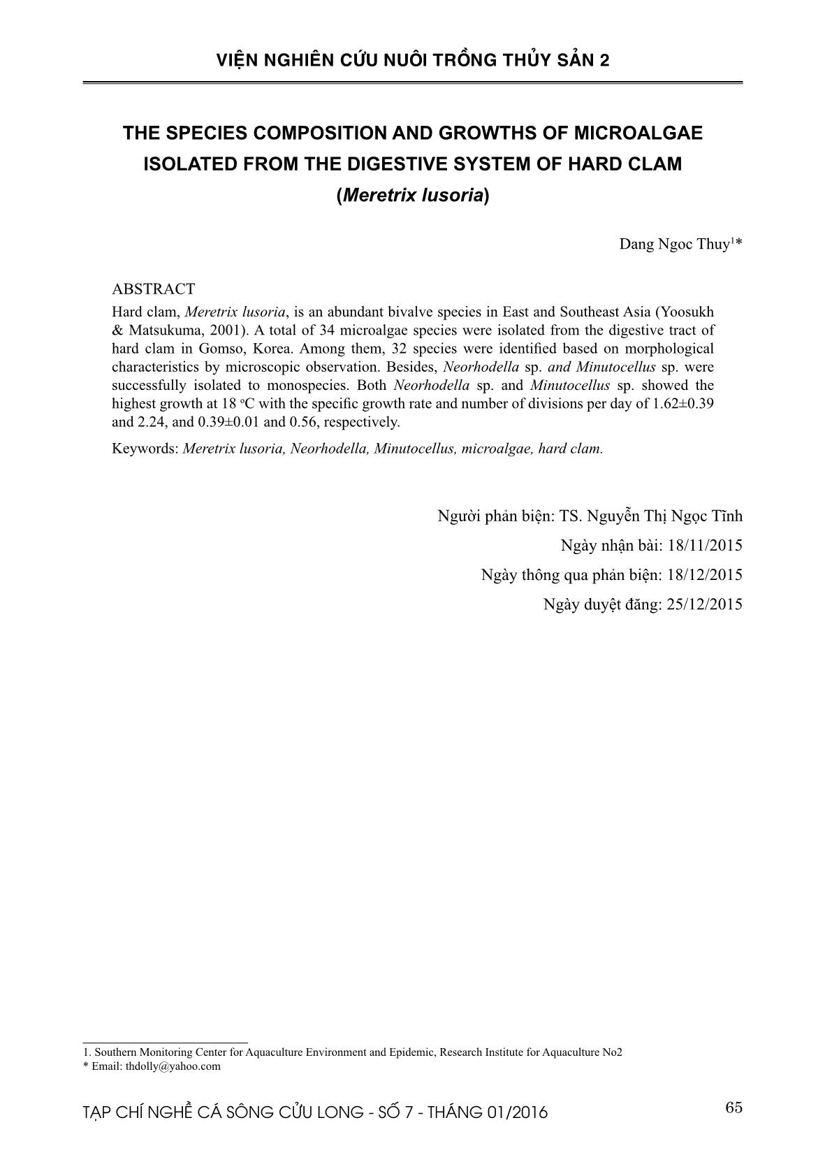 Thành phần loài và đặc điểm tăng trưởng các loài tảo phân lập từ ống tiêu hóa của nghêu vân (Meretrix lusoria) trang 8