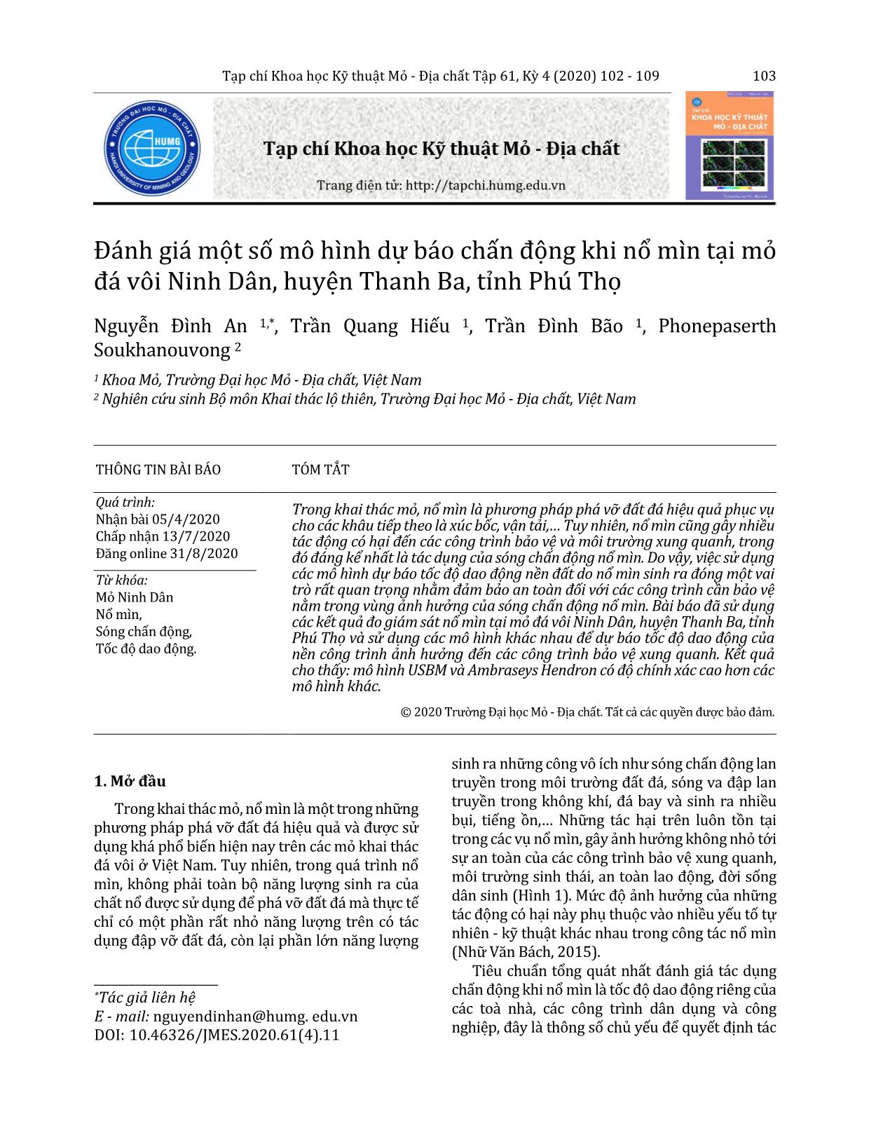 Đánh giá một số mô hình dự báo chấn động khi nổ mìn tại mỏ đá vôi Ninh Dân, huyện Thanh Ba, tỉnh Phú Thọ trang 2