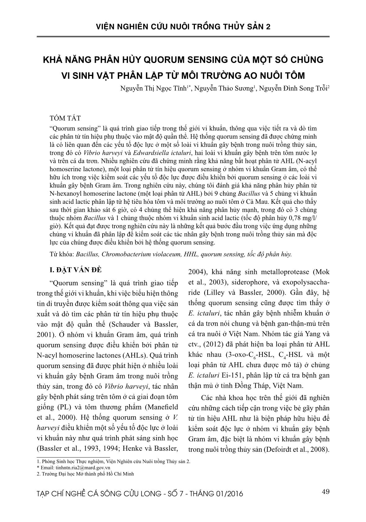 Khả năng phân hủy quorum sensing của một số chủng vi sinh vật phân lập từ môi trường ao nuôi tôm trang 1