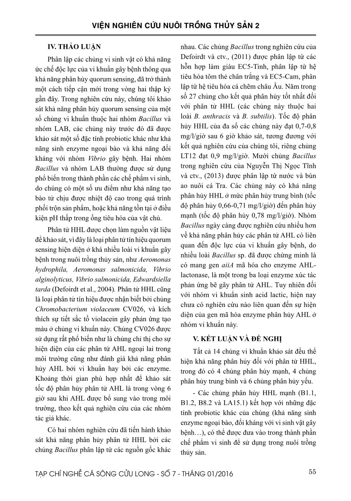 Khả năng phân hủy quorum sensing của một số chủng vi sinh vật phân lập từ môi trường ao nuôi tôm trang 7
