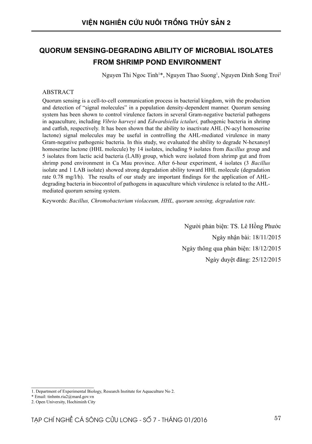 Khả năng phân hủy quorum sensing của một số chủng vi sinh vật phân lập từ môi trường ao nuôi tôm trang 9