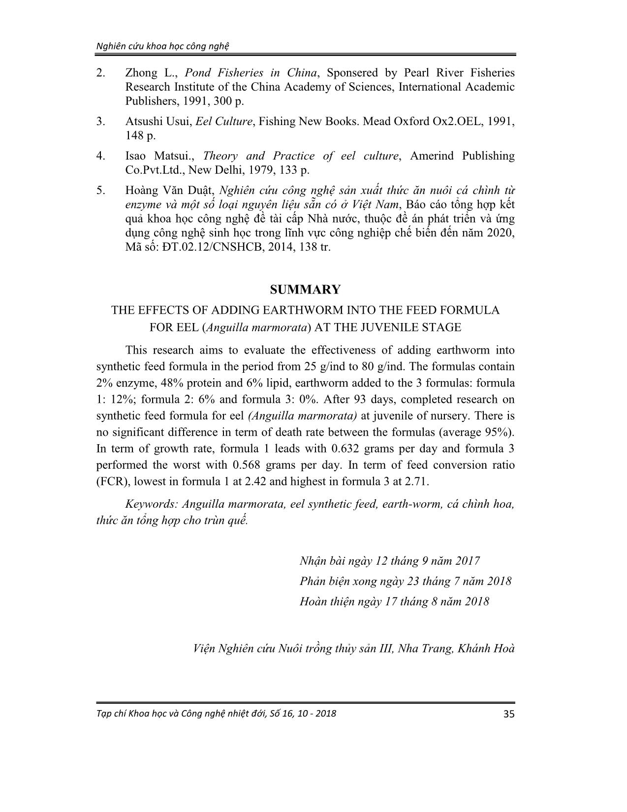 Nghiên cứu ảnh hưởng bổ sung trùn quế vào công thức thức ăn cho cá chình hoa (Anguilla marmorata) giai đoạn giống trang 7