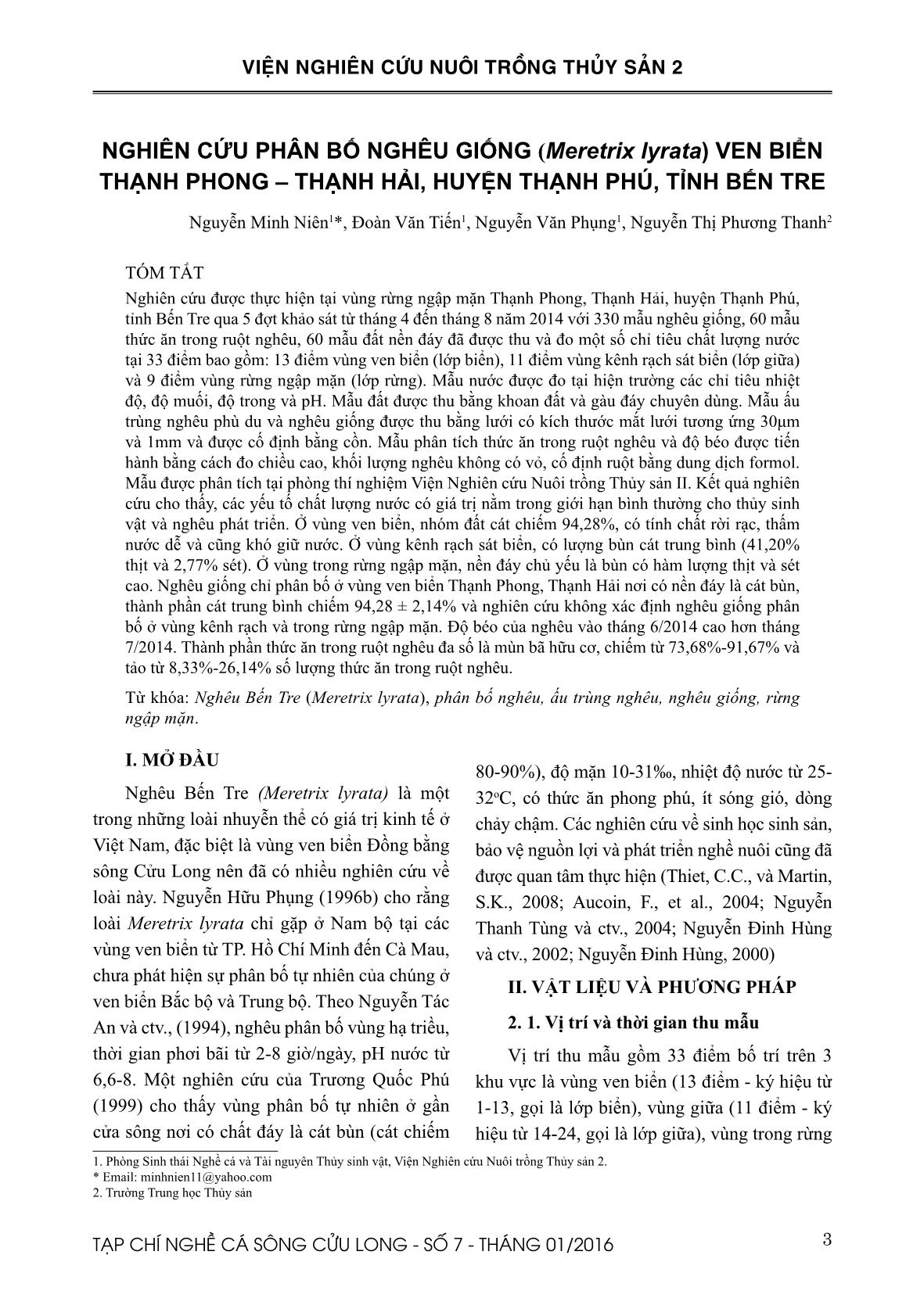 Nghiên cứu phân bố nghêu giống (Meretrix lyrata) ven biển Thạnh Phong – Thạnh Hải, huyện Thạnh Phú, tỉnh Bến Tre trang 1