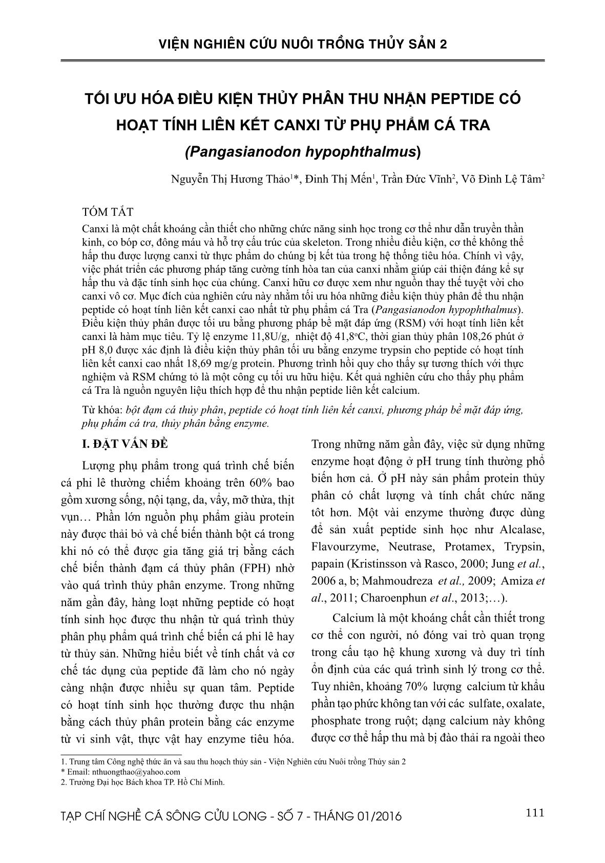 Tối ưu hóa điều kiện thủy phân thu nhận peptide có hoạt tính liên kết canxi từ phụ phẩm cá tra (Pangasianodon hypophthalmus) trang 1