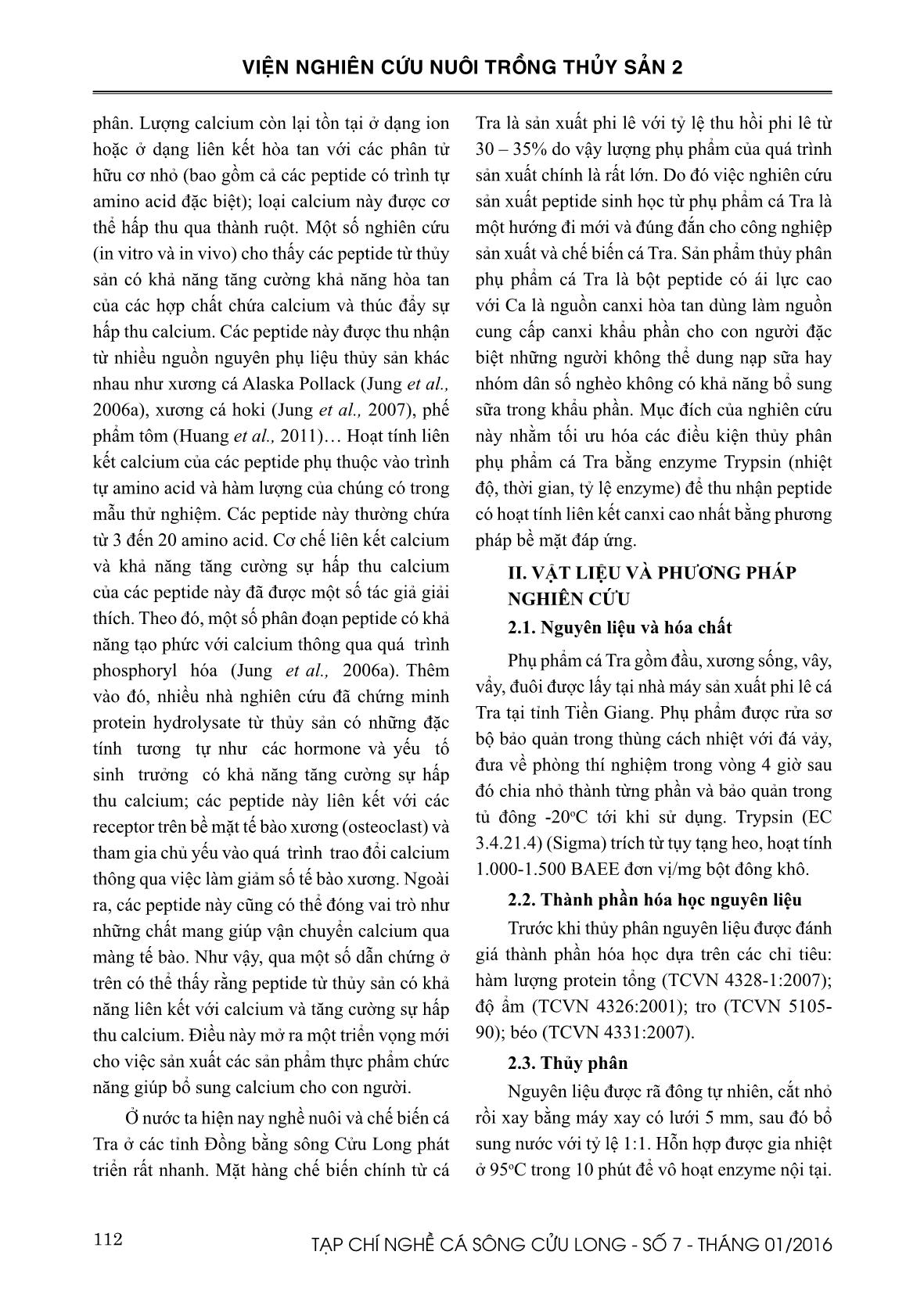Tối ưu hóa điều kiện thủy phân thu nhận peptide có hoạt tính liên kết canxi từ phụ phẩm cá tra (Pangasianodon hypophthalmus) trang 2