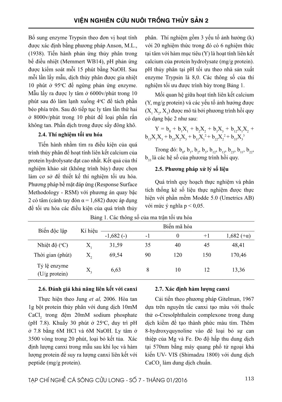 Tối ưu hóa điều kiện thủy phân thu nhận peptide có hoạt tính liên kết canxi từ phụ phẩm cá tra (Pangasianodon hypophthalmus) trang 3