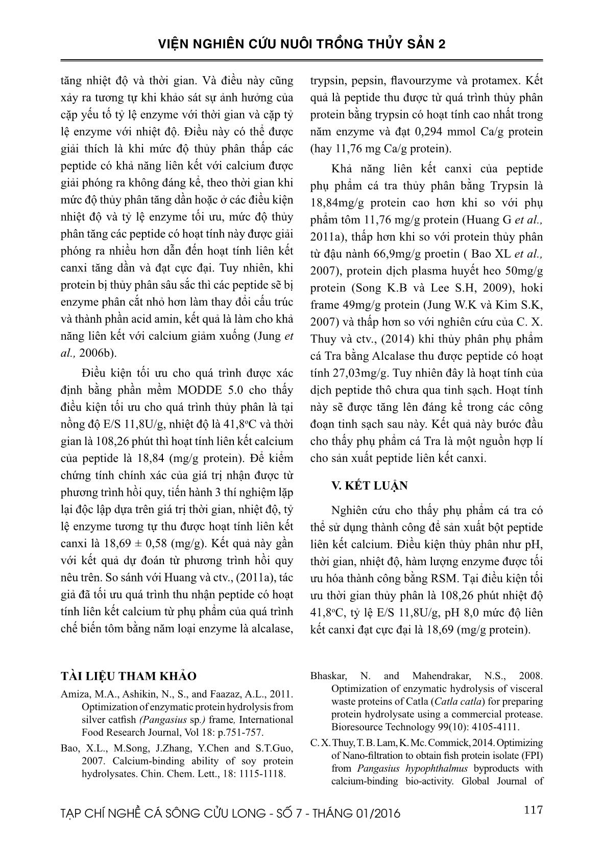 Tối ưu hóa điều kiện thủy phân thu nhận peptide có hoạt tính liên kết canxi từ phụ phẩm cá tra (Pangasianodon hypophthalmus) trang 7