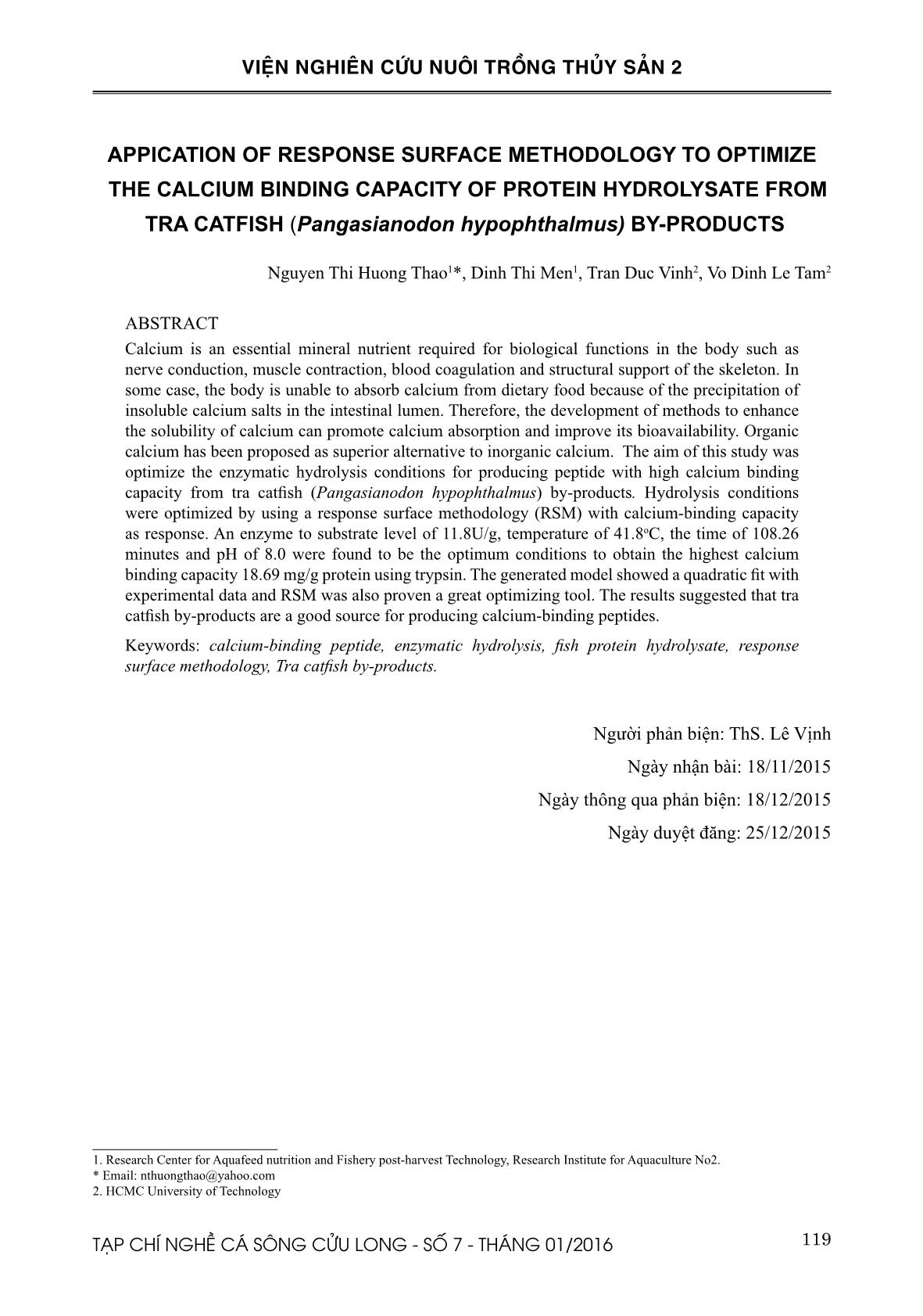 Tối ưu hóa điều kiện thủy phân thu nhận peptide có hoạt tính liên kết canxi từ phụ phẩm cá tra (Pangasianodon hypophthalmus) trang 9