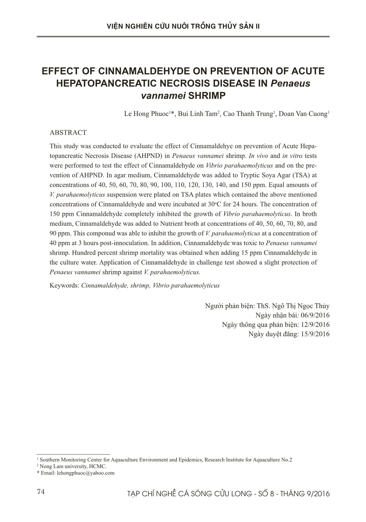 Ảnh hưởng của Cinnamaldehyde trong phòng bệnh hoại tử gan tụy cấp tính ở tôm thẻ chân trắng trang 10