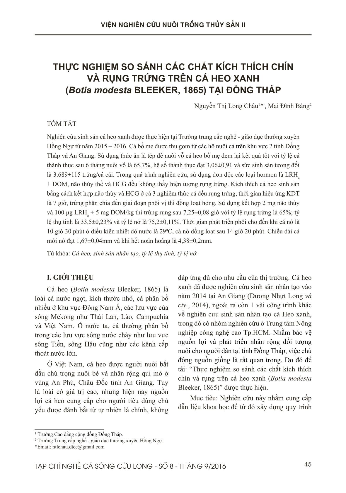 Thực nghiệm so sánh các chất kích thích chín và rụng trứng trên cá heo xanh (Botia modesta BLEEKER, 1865) tại Đồng Tháp trang 1