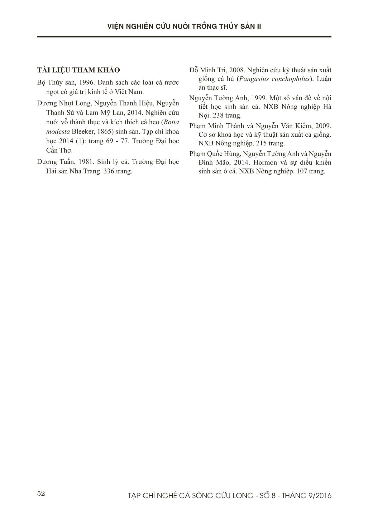 Thực nghiệm so sánh các chất kích thích chín và rụng trứng trên cá heo xanh (Botia modesta BLEEKER, 1865) tại Đồng Tháp trang 8