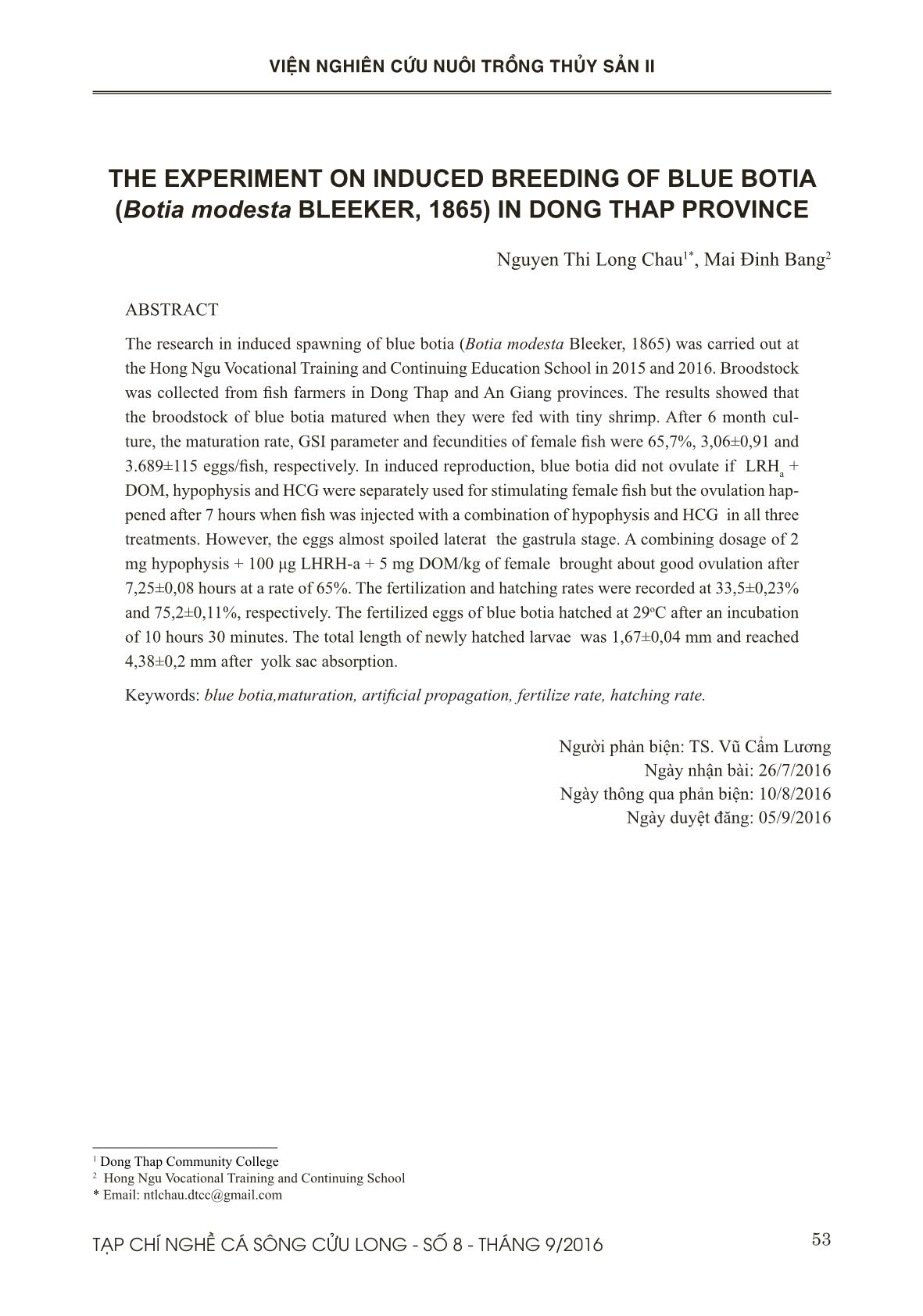 Thực nghiệm so sánh các chất kích thích chín và rụng trứng trên cá heo xanh (Botia modesta BLEEKER, 1865) tại Đồng Tháp trang 9