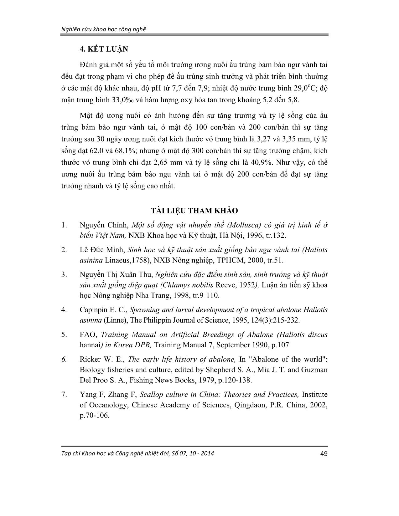 Ảnh hưởng của mật độ ương nuôi đến sự tăng trưởng, tỷ lệ sống của ấu trùng bám bào ngư vành tai (Haliotis asinina Linaeus, 1758) trang 7